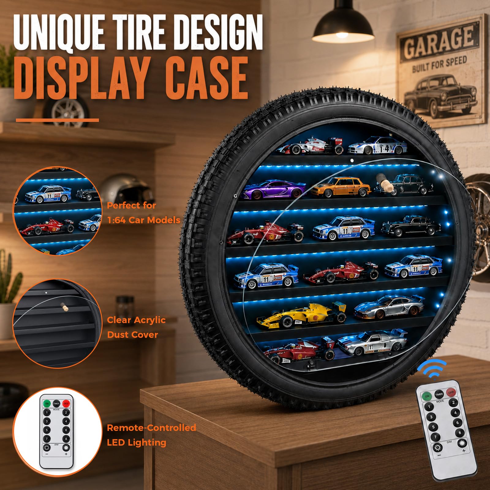 Vitrina en forma de neumático para coches a escala 1/64, cubierta antipolvo acrílica y luz LED controlada a distancia, armario de exhibición de coleccionista de madera, montaje en pared o escaparate