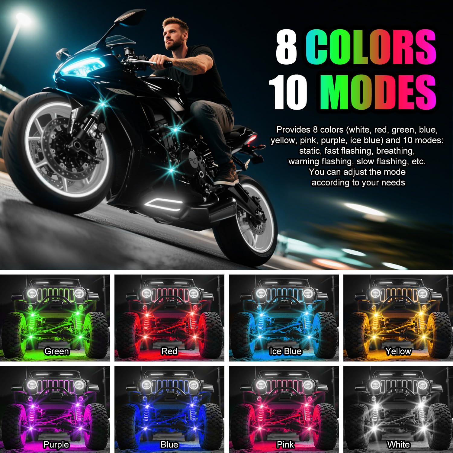 Wireless LED Lights for Car, Wireless Rock Lights with 8 Colors 10 Modes,Led Strobe Warning Light, Motorcycles, Boats, Camping, Bikes, Drones，Design in USA (4pcs Black)