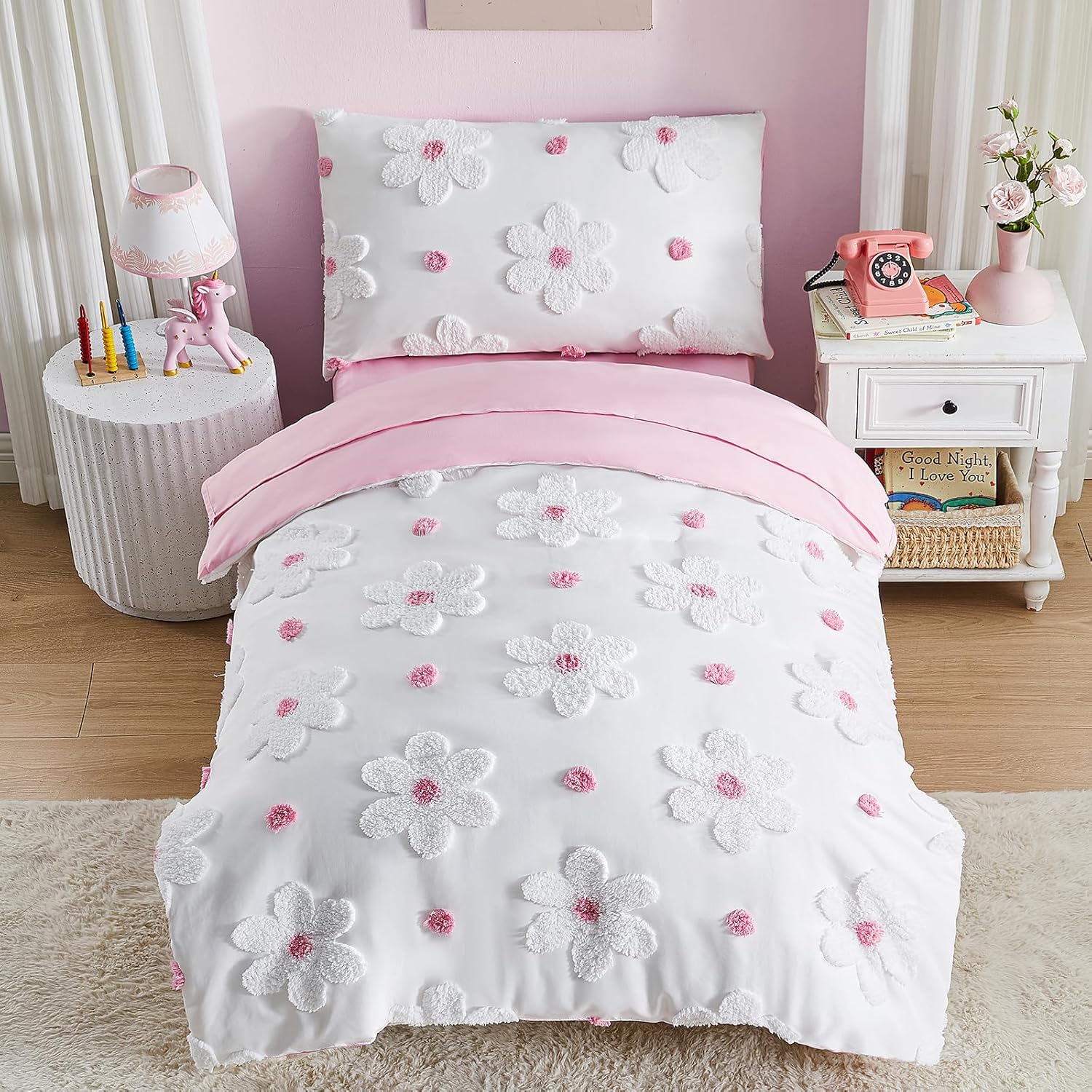 Toddler Bedding Set for Girls 4-Piece Pink Boho Tufted Daisy Flowers Toddler Comforter Sheets Set Bed-in-a-Bag Toddler Bedroom Set with Comforter, Flat Sheet, Fitted Sheet, Pillowcase | Toddler Bedding Set, Tufted Daisy Design, Toddler Comforter, Toddler Bed Sheets, Crib Bedding Set, Boho Toddler Bed Set