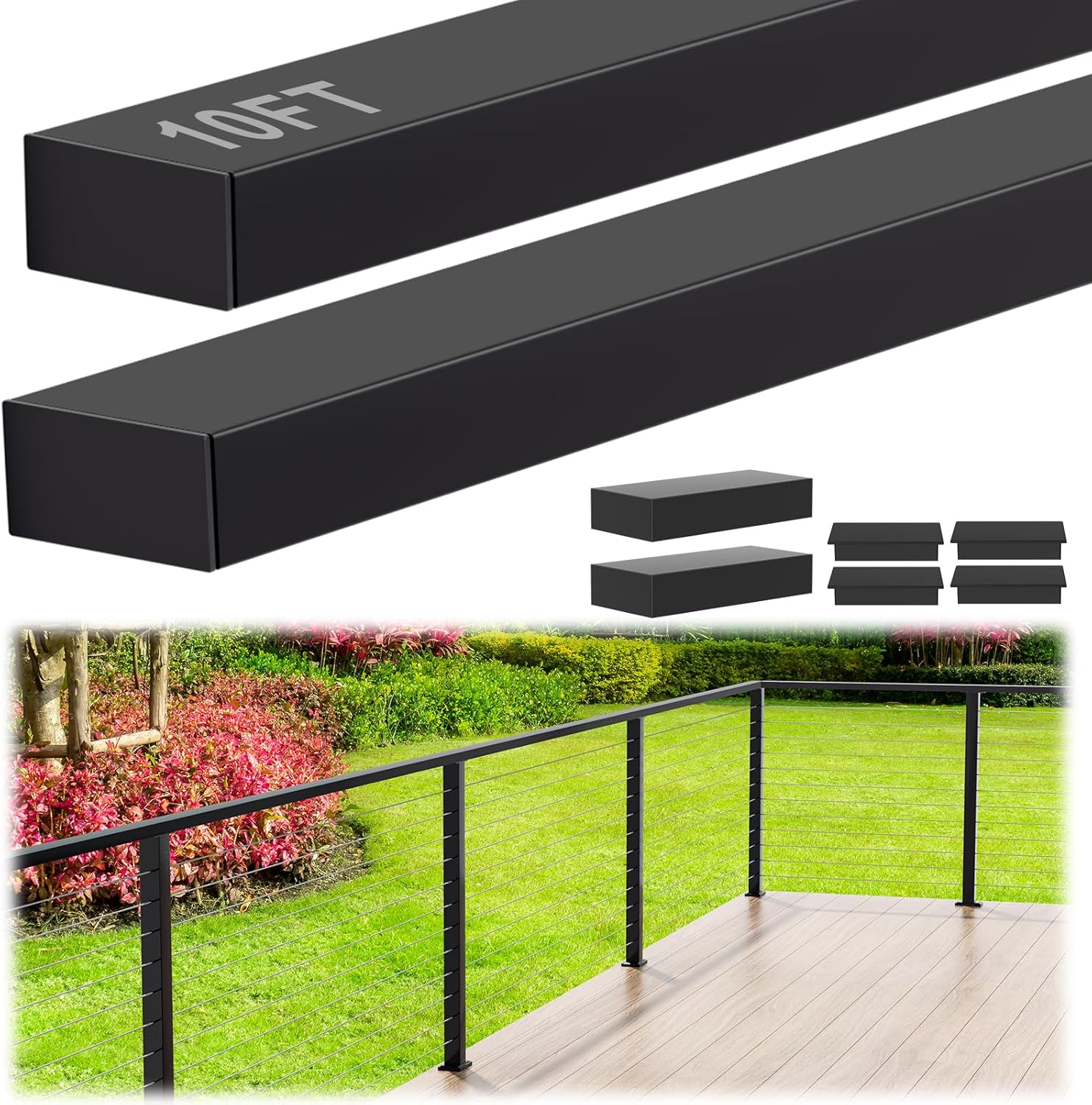10FT Stainless Steel T304 Black Handrail, 2 Pack Rectangular Cuttable Handrail Top Rail with POM Connector and Metal End Caps for Indoor Outdoor Deck Stair Cable Railing System DIY Balustrade