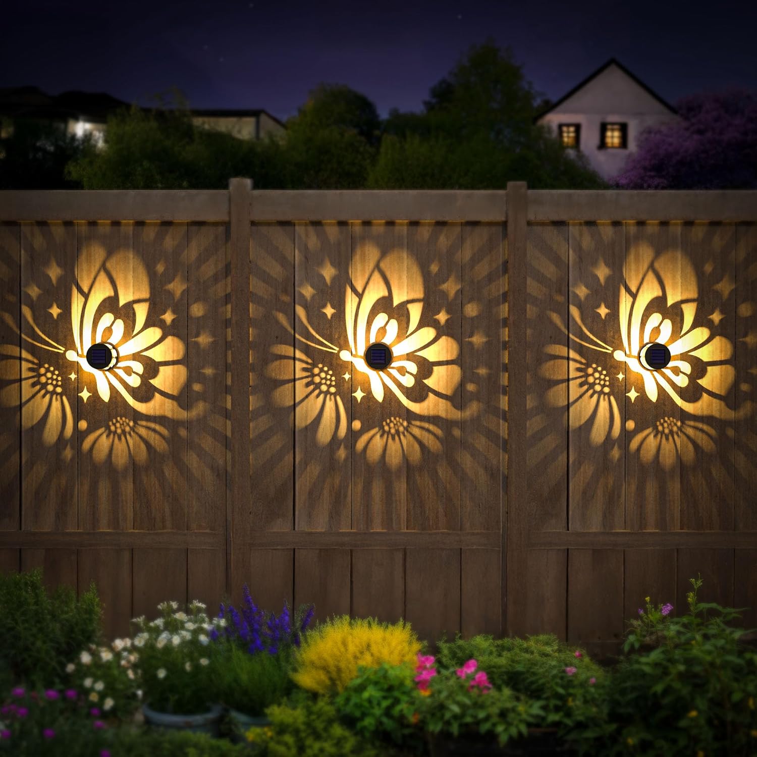 Solar Fence Lights 2 Pack Outdoor Deck Step Wall Lights Metal Waterproof LED Warm Yellow Light for Garden Post Patio Backyard Yard Decor (Butterfly-Flower, 2) - Image 3