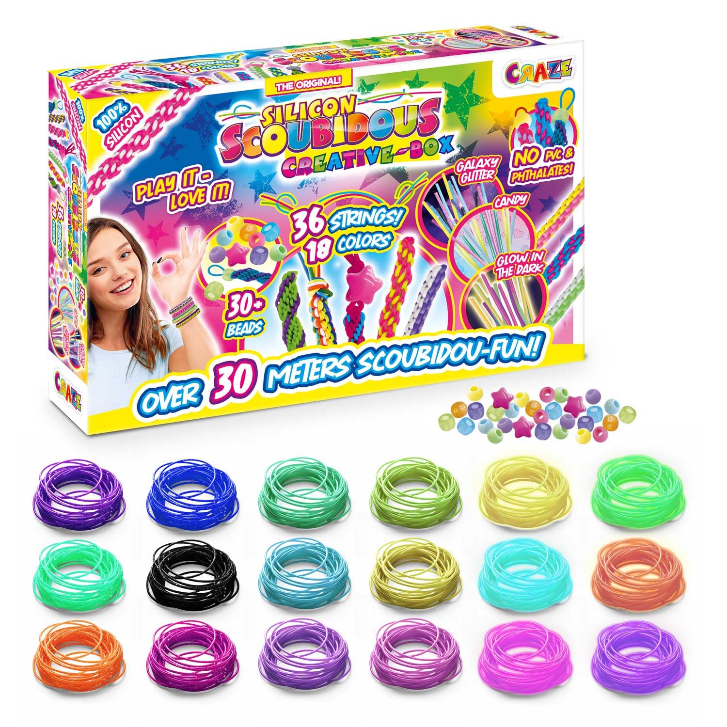Craze Scoubidou Creative Box – Silicone Scoobies Strings Kit with 36 Scooby Strings & 30+ Beads – Friendship Bracelet Kit & Crafts Kit, Crafting Gifts for Girls & Boys, 36 Farben