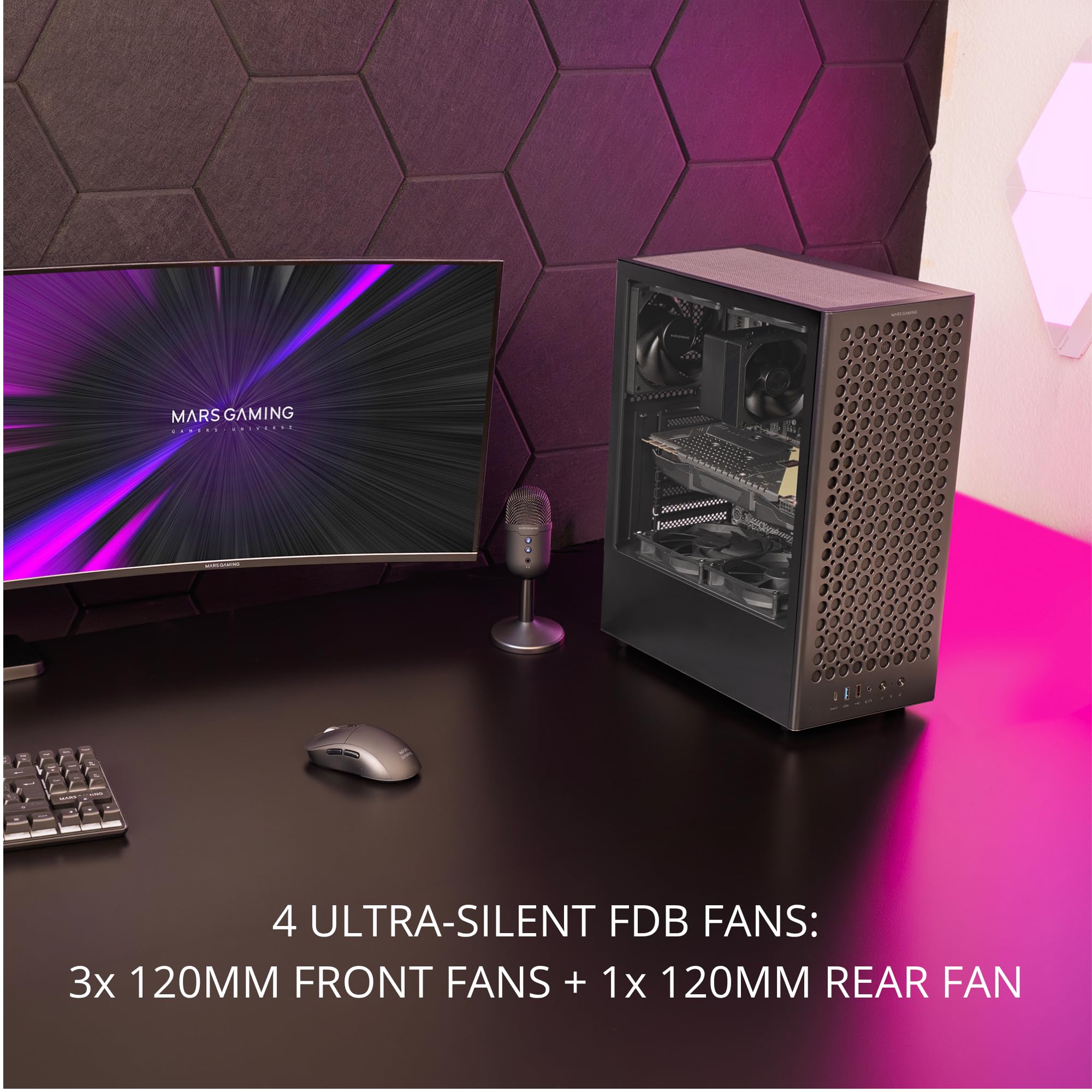 Mars Gaming MC-T800, Caja Gaming ATX, 4X Ventiladores FDB 120mm Ultrasilenciosos, Panel Frontal Airdot Mesh, Ventana Lateral de Cristal Templado, Semitorre PC con Sistema CableHatch, USB-C, Negro