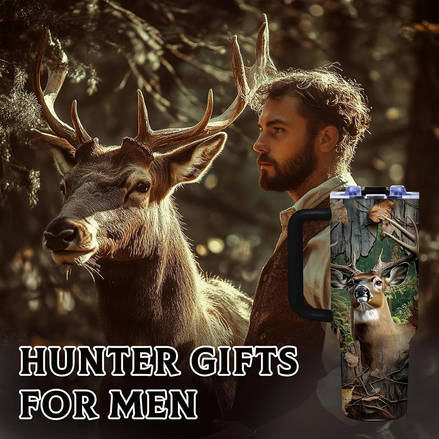 Hunter Gifts for Men Dad Grandpa Husband Boyfriend, Hunting Tumbler with Handle for Men, 40oz Stainless Steel Insulated Tumblers, Hunters Gift for Birthday Christmas Fathers Day - Image 5