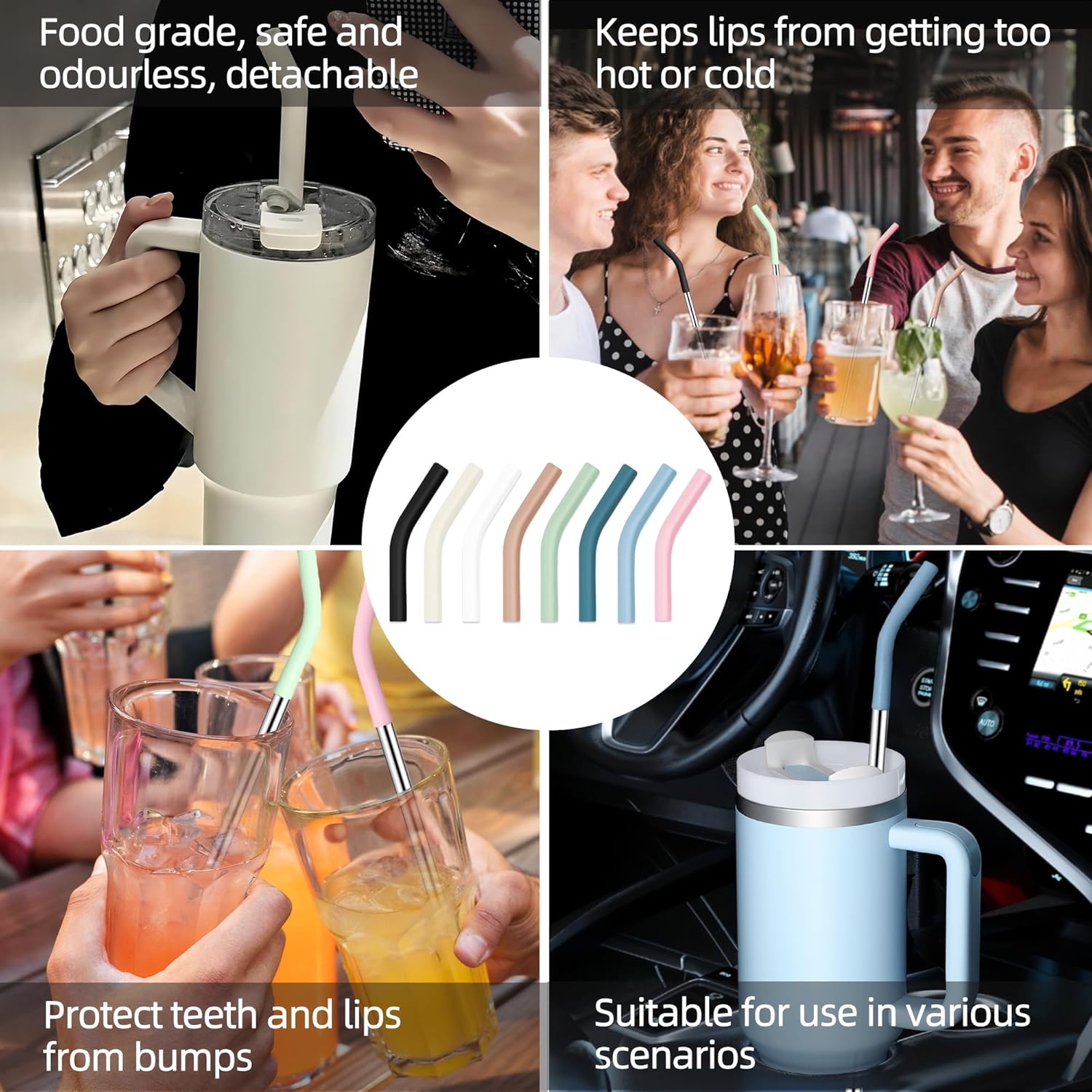 40 oz Stainless Metal Straws for 40 oz Stanley Tumbler, 6Pcs Reusable Straight Long Steel Straws with 12 Silicone Tips and 2 Straw Cleaning Brushes(6Color2, 40oz) - Image 6