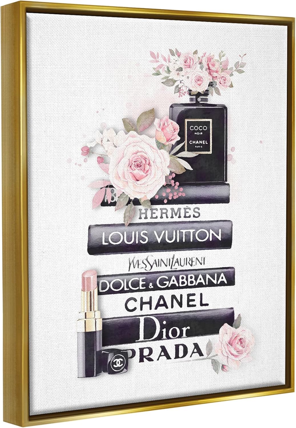 Stupell Industries Pink Roses and Toiletries Fashion Glam Bookstack, Design by Ros Ruseva, Gold Floater Framed, 16 x 20