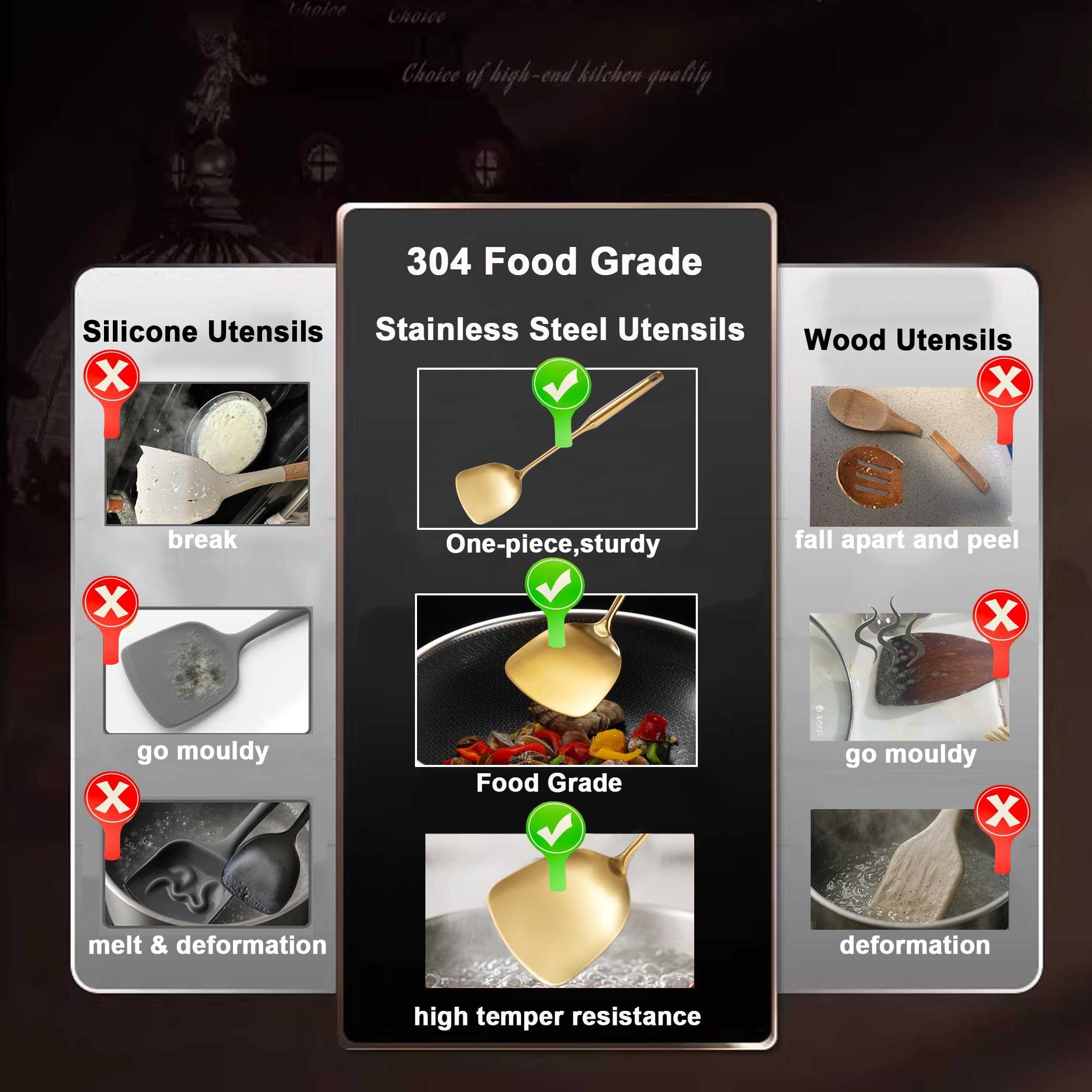 NIITAWH Gouden keukengerei set roestvrij staal, 9 stuks volledig metalen kookgerei set met massieve lepel, sleuflepel, vork, spatel, pollepel, schuimspaan, sleuftunner, spaghettilepel, grote lepel