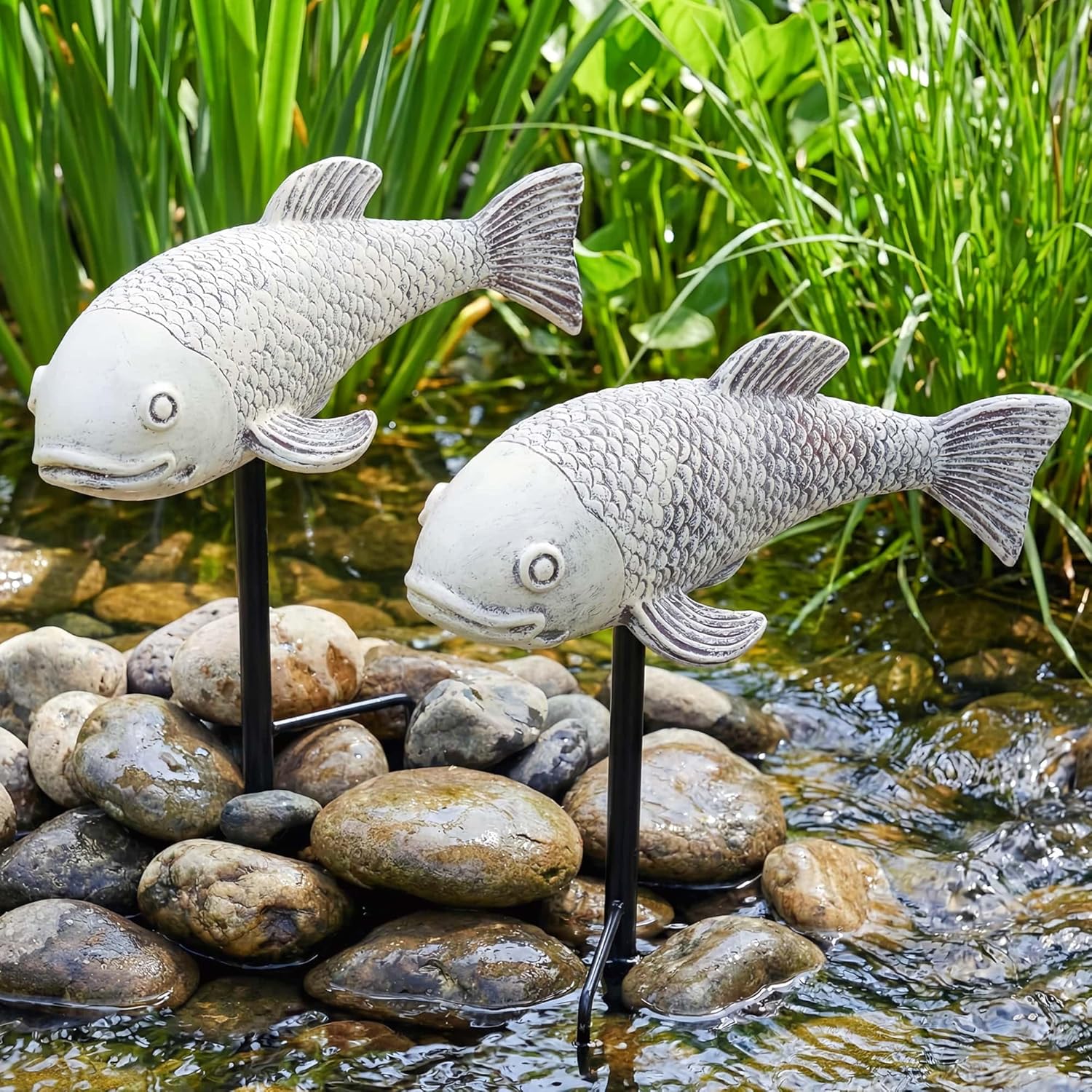Set of 2 Koi Fish Decor, Large Outdoor Garden Statues, Pond Accessories, Yard Decor, Real Fish Sculpture Art, Koi Pond Kit, Statues for Yard Ornaments Sculpture Garden for Outdoors