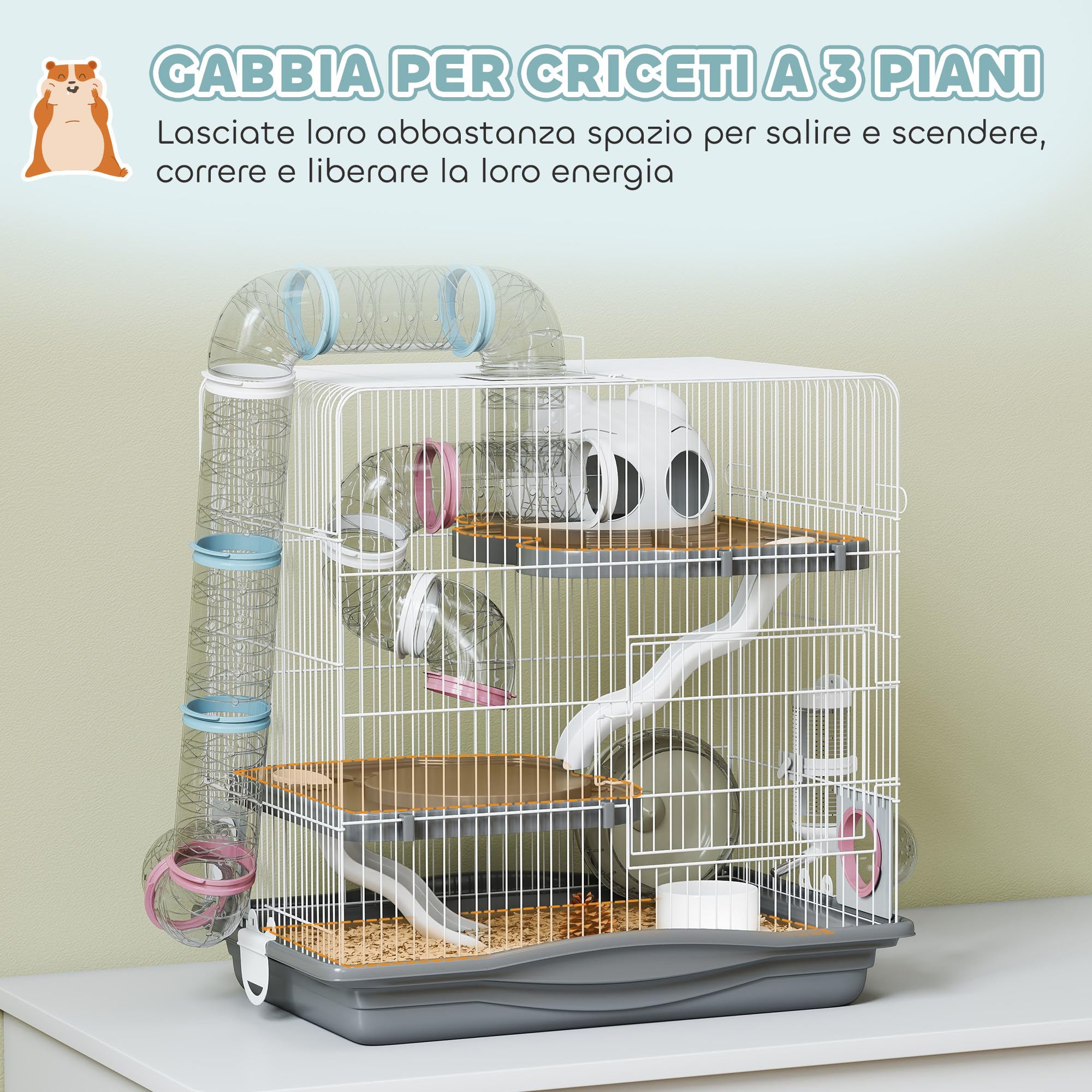 PawHut Gabbia per Criceti a 3 Livelli e 14 Tubi con Casetta, Rampa, Ciotole, Serbatoio per l'Acqua e Vassoio Antigoccia, Gabbietta per Criceti in Metallo e Plastica, 45x30x45 cm, Grigio
