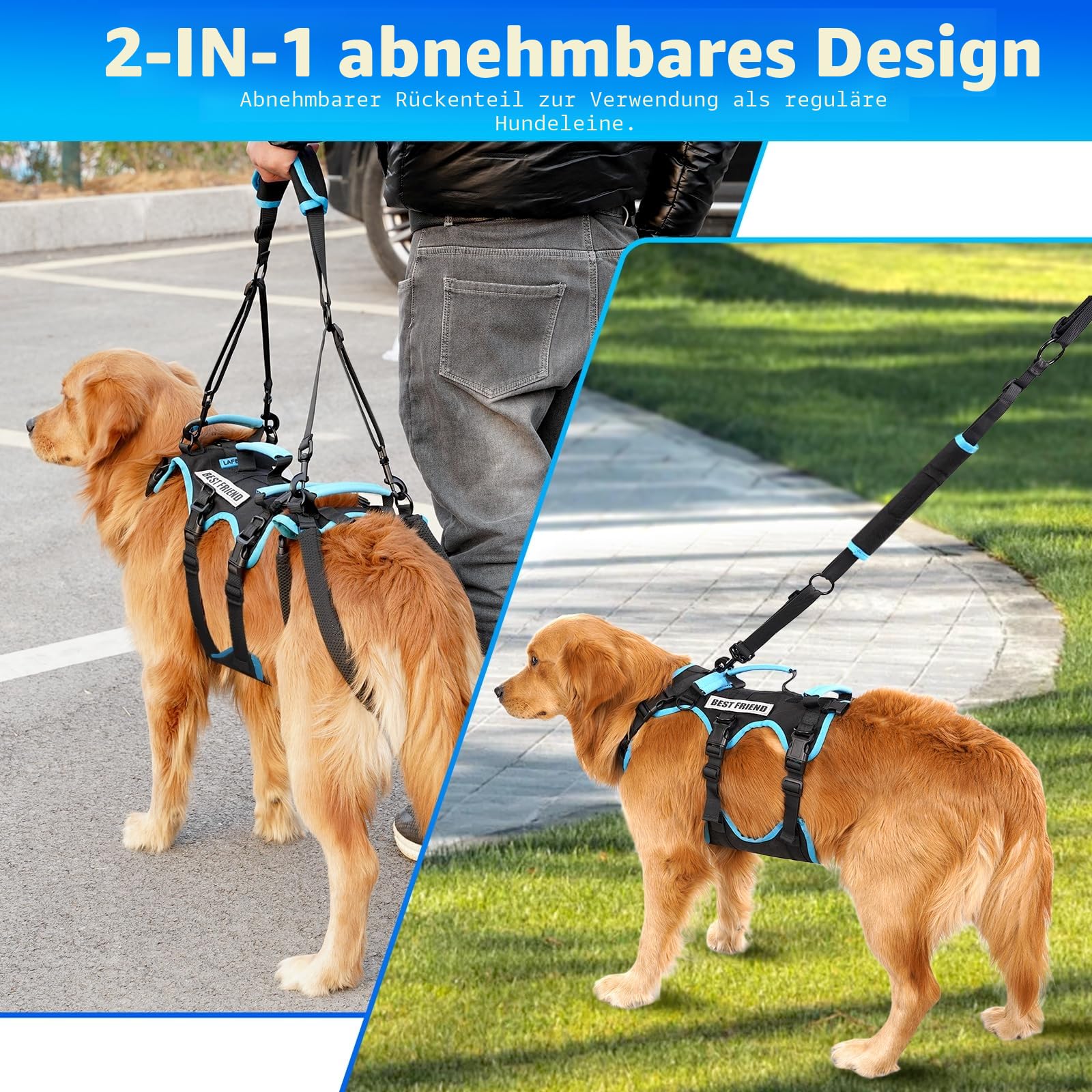 Hundeliftharnisch für große Rüden – 2-in-1 abnehmbares Hundetragegeschirr mit Hebegriffen für die Hinterbeine, Ganzkörperunterstützung für Senior-Hunde & nach der Operation(Schwarz, Groß)