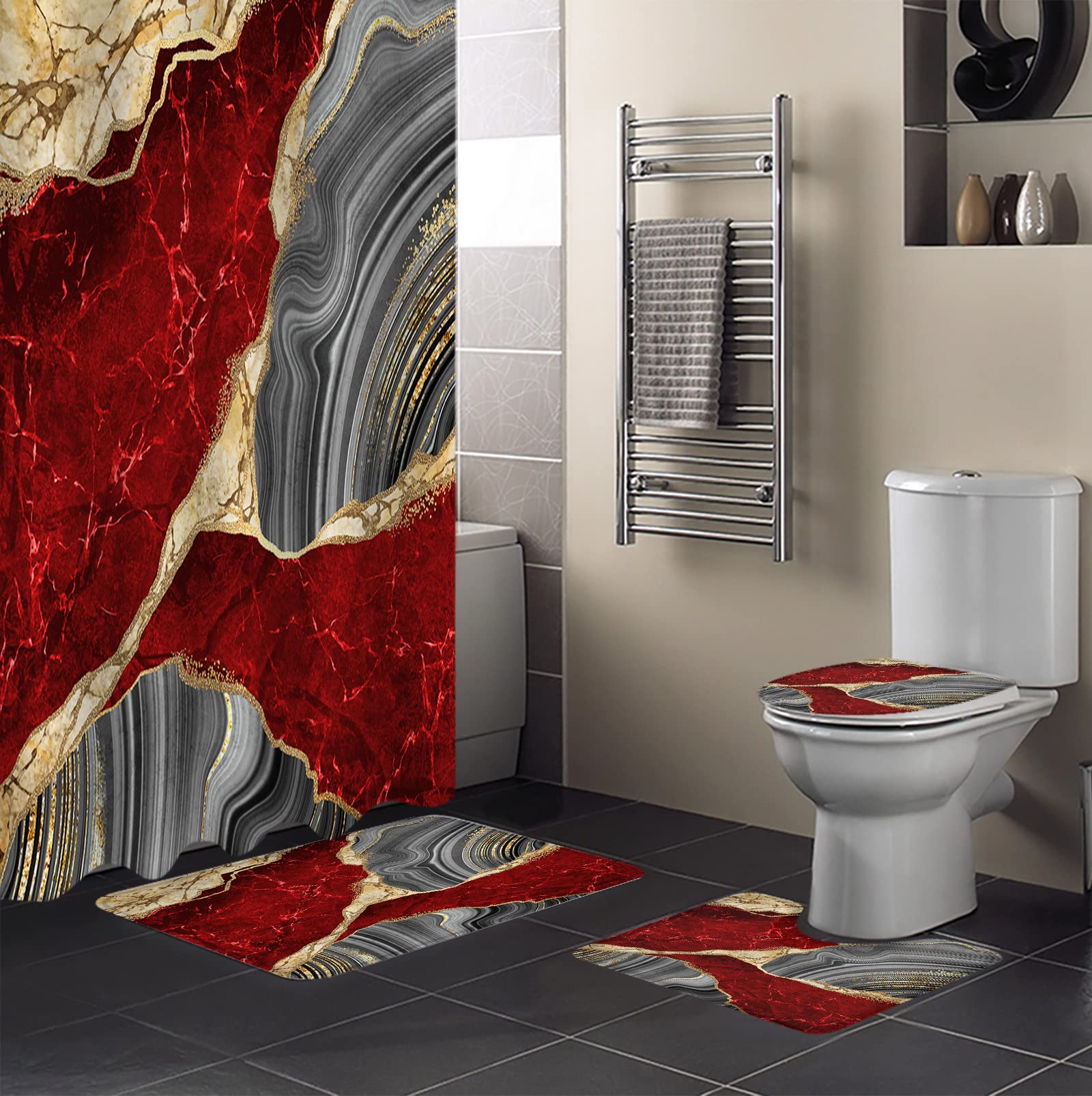 4 Piece Bathroom Set, Red Marble Shower Curtain and Bath Mat Set with Non-Slip Rug, Toilet Lid Cover, Bath Mat, Modern Yellow Grey Ink Painting Abstract Art 66