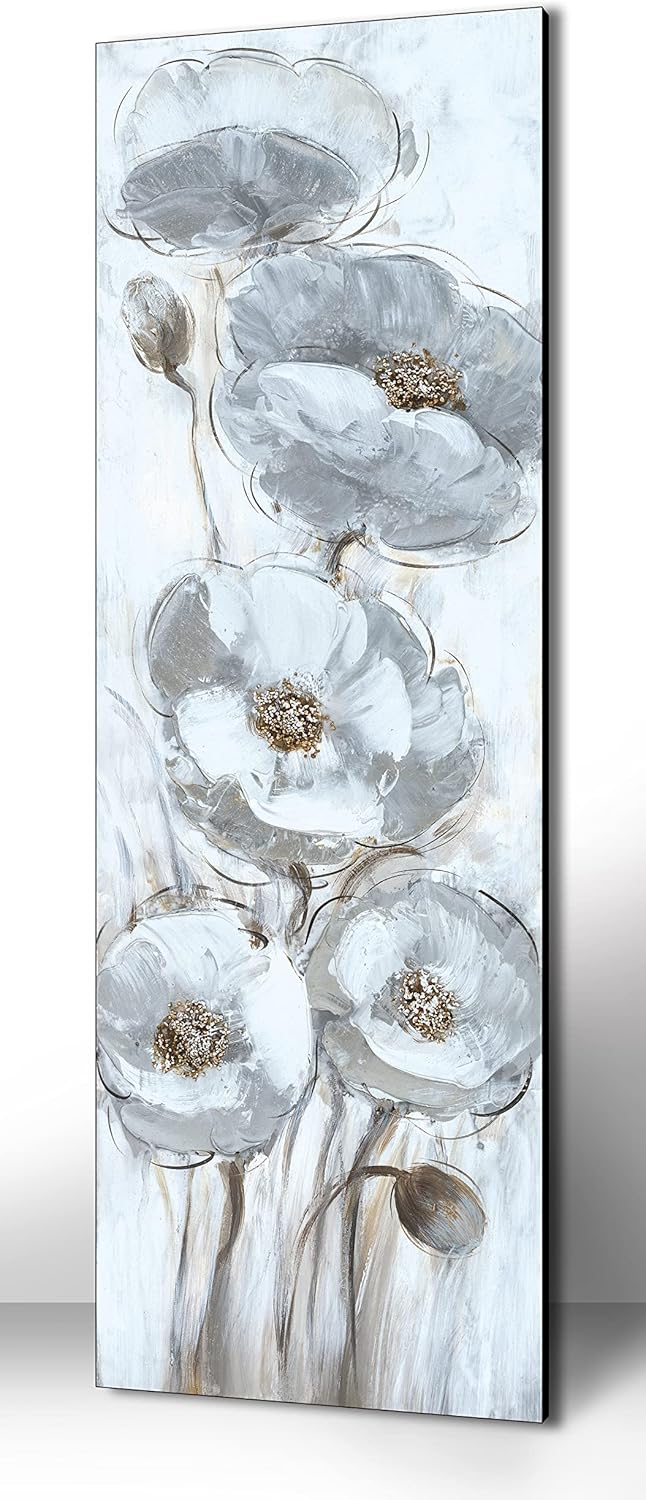 White Lotus flower canvas wall art living room flowers 3D abstract vertical scene hand-painted scenery oil painting printing bedroomoffice(40x120cm)Frameless 16x48inch(40x120cm)Frameless 16x48inch(40x120cm)Frameless White