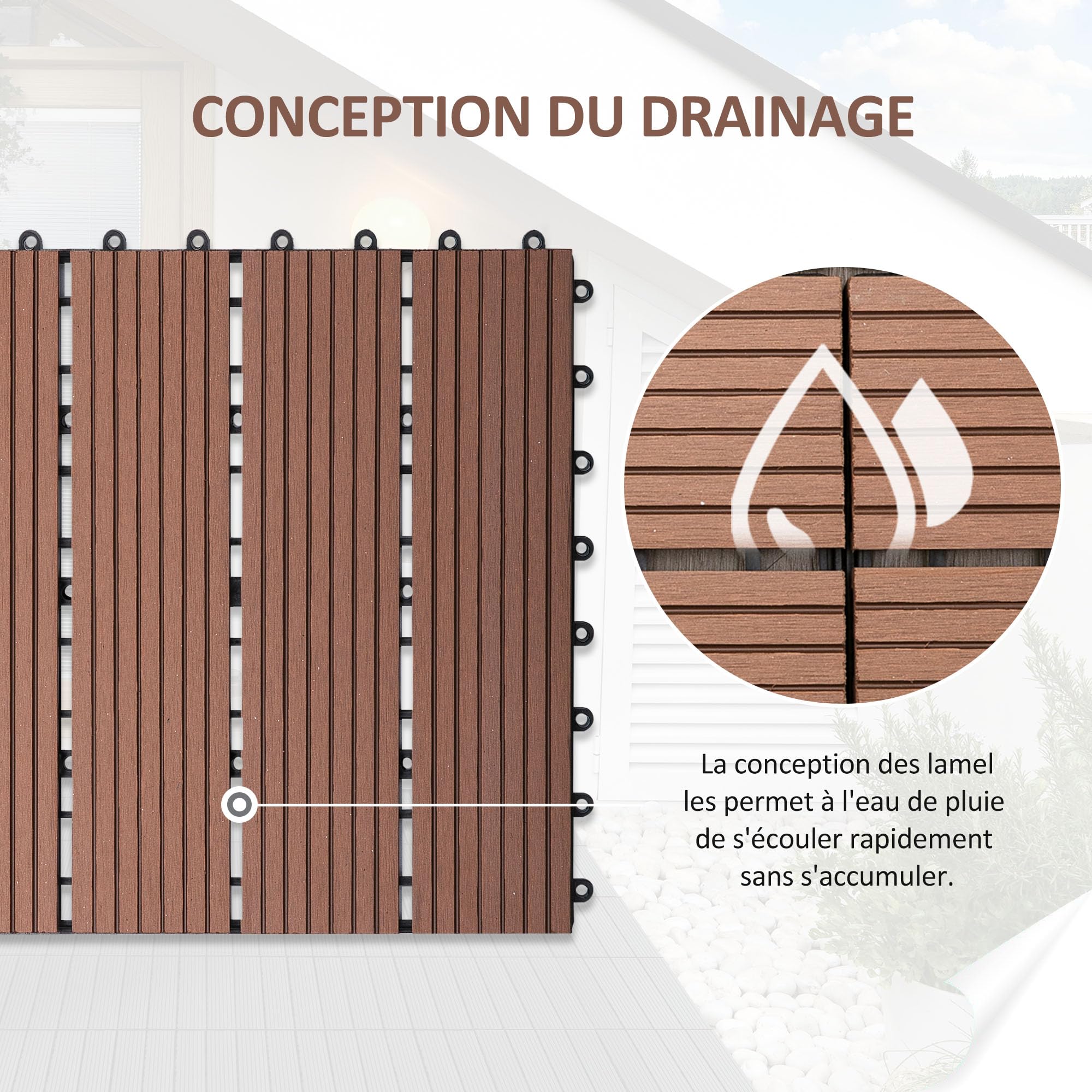 Outsunny Lot de 11 Dalles de Jardin Piscine, 30 x 30 x 2,2 cm, Dalle Clipsable Antidérapante et Résistante aux Intempéries, pour Jardin, Balcon, en HDPE, Marron Clair