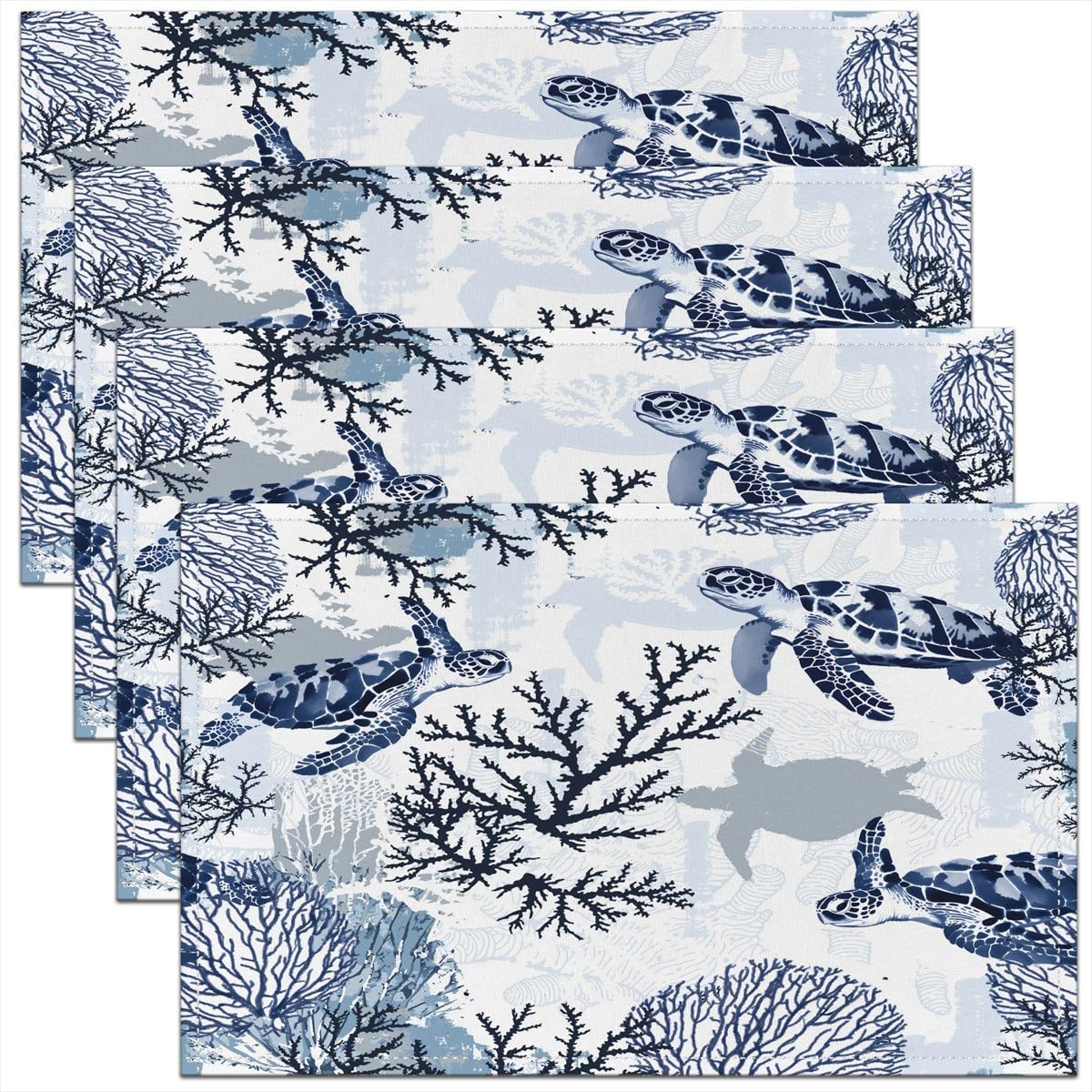 Pack of 4 Retro Sea Turtle Indoor Outdoor Kitchen Dinner Party Decor Table Mats Coral Reptile Tortoise Square Table Place Mats Set,Nautical Beach Blue