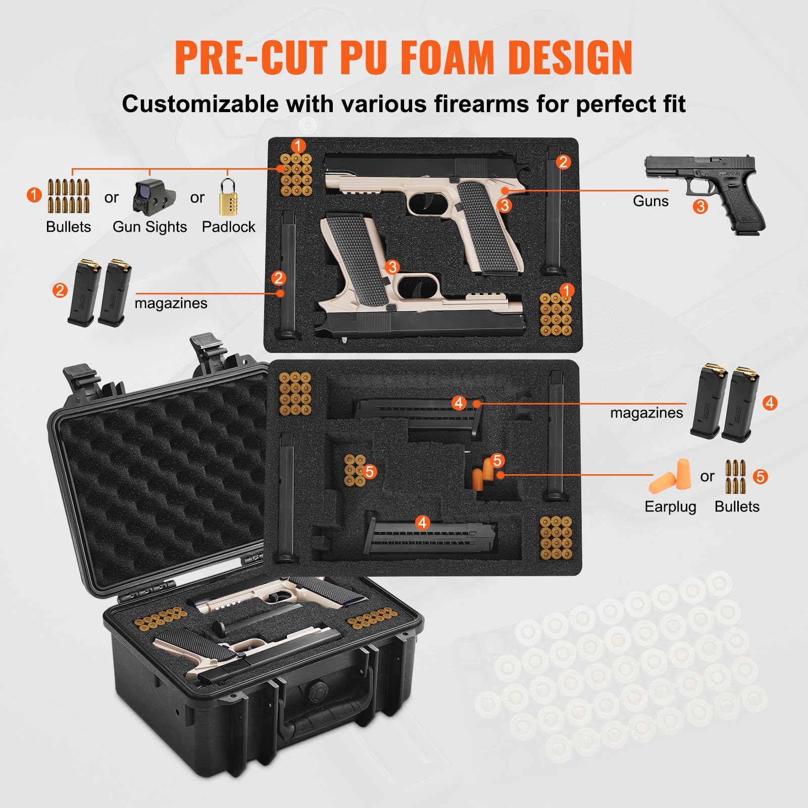 VEVOR Estuche rígido para Pistola con Espuma de PU Precortada para 2 Pistolas Resistente al Agua y Polvo, 365 x 295 x 197mm, Estuche para Pistola con Cerradura se Puede Llevar en Tren, Avión, Negro