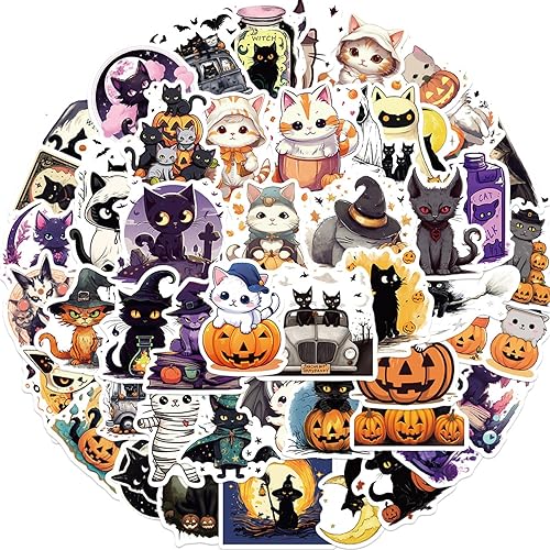 Miniatura 5 de Calcomanías de gatos negros, 50 unidades Kawaii divertidas calcomanías de juguete de gatos de Halloween para libros, grafiti, calcomanías de vinilo