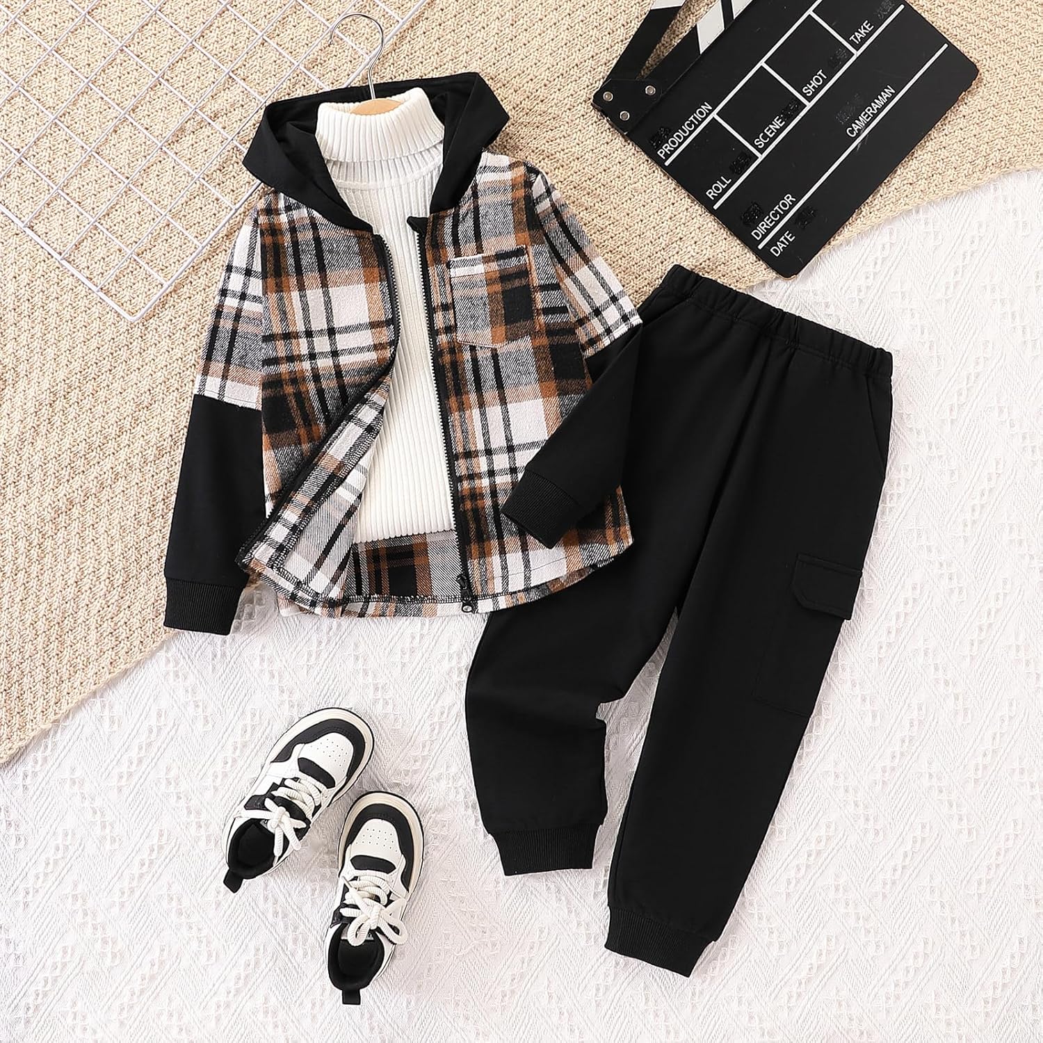 2Pcs Boys Clothes Zip Up Plaid Flannel Shirt Tops Pants Set Hoodie Sweatsuit for Fall Winter Spring Outfits - Image 8