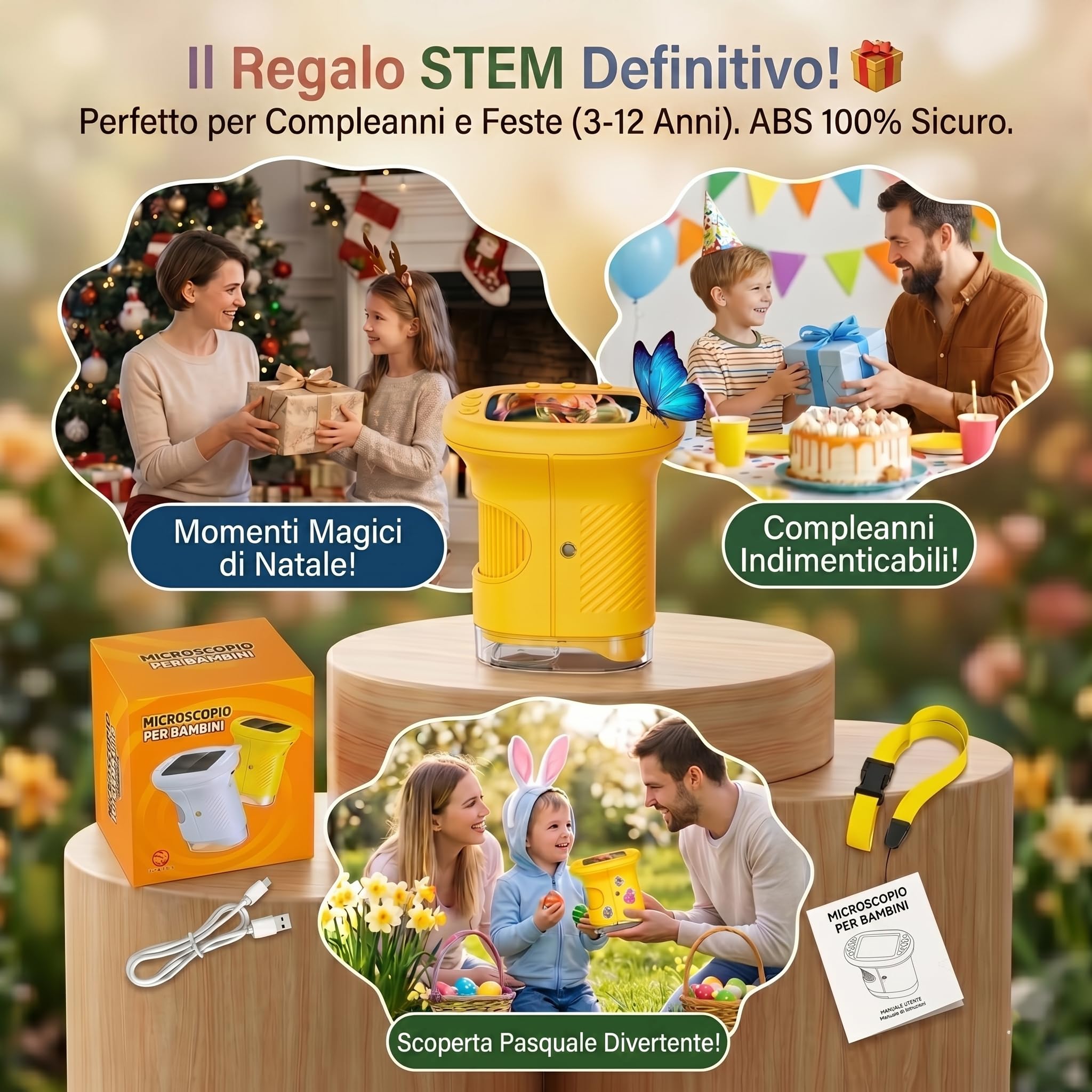 Microscopio Bambini, Microscopio Digitale 1000X 4K con Schermo 2,4″, 8 LED, USB Ricaricabile, Giocattolo Educativo per Scuola, Idea Regalo di Natale e Ritorno a Scuola, per Bambini 3–12 Anni