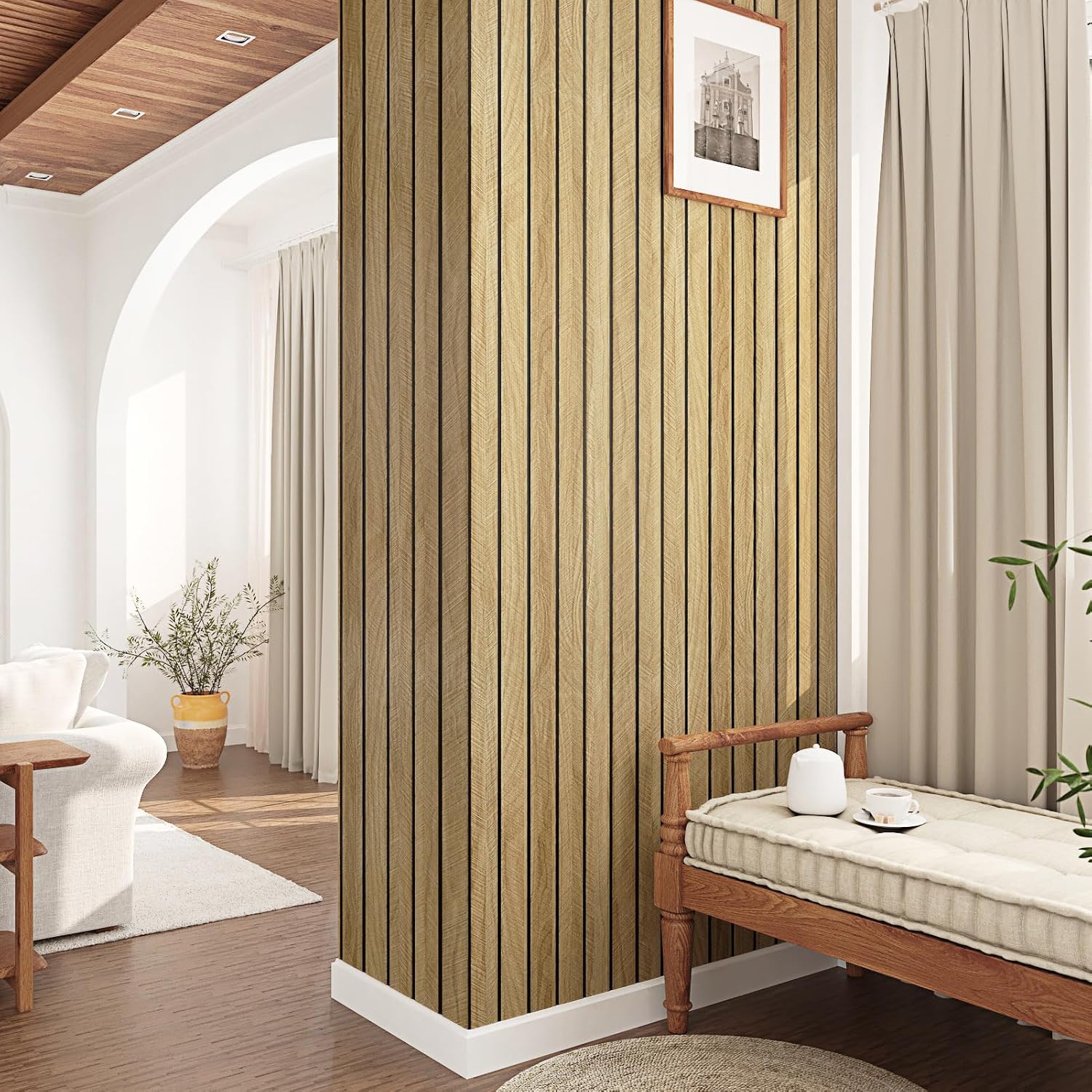 Brown Wood Panels for Wall 16.8"×118" 3D Brown Vintage Wood Acoustic Slat Wall Panels Peel and Stick Self Adhesive Waterproof Wooden Wallpaper for Balcony Living Room Walls Cabinets Decor