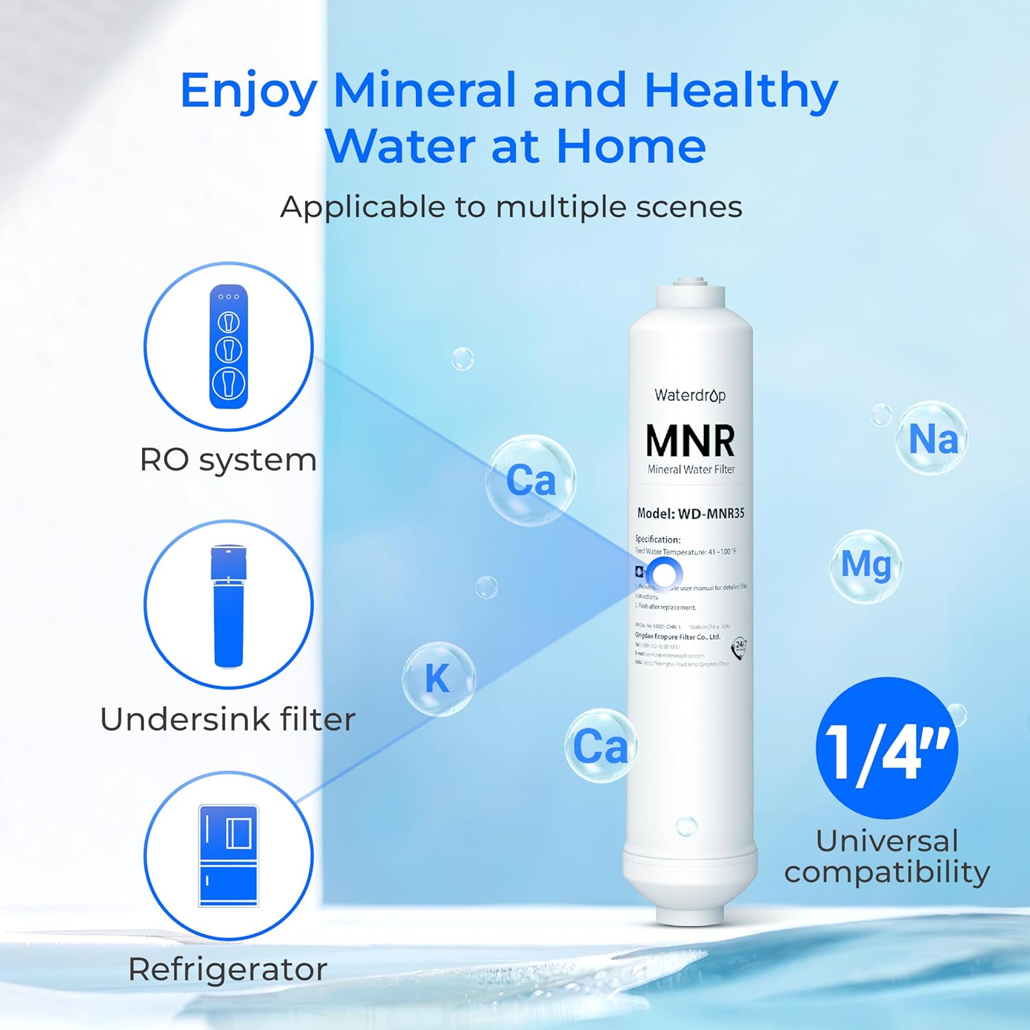 Waterdrop MNR35-2 Remineralization Filter, 1/4" Quick Connect Mineral Filter for Undersink Reverse Osmosis System, Restore Essential Minerals for RO System, RO Mineral Filter System, 2-Pack