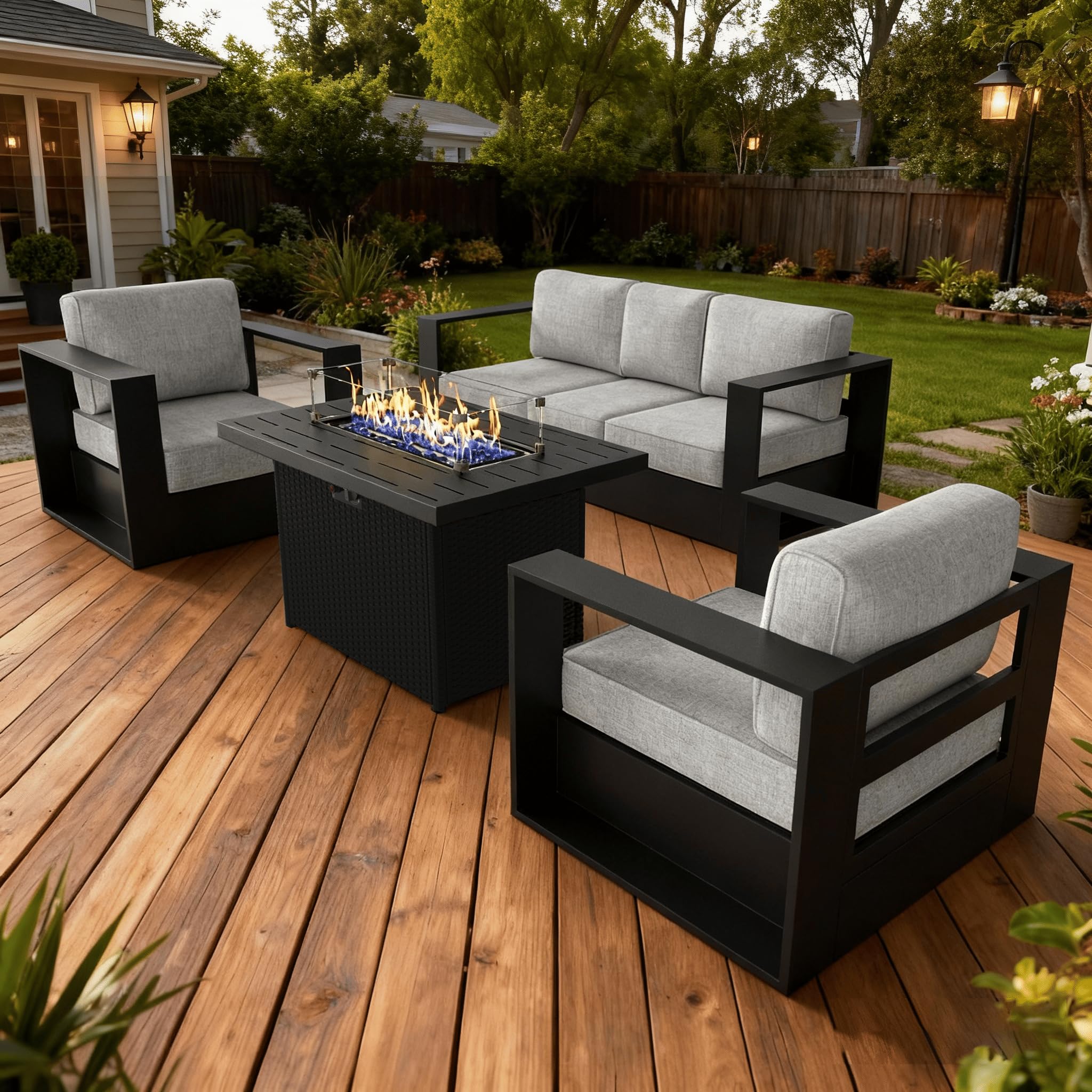 LayinSun 4 Piece Oversized Aluminum Outdoor Furniture Set with Fire Pit