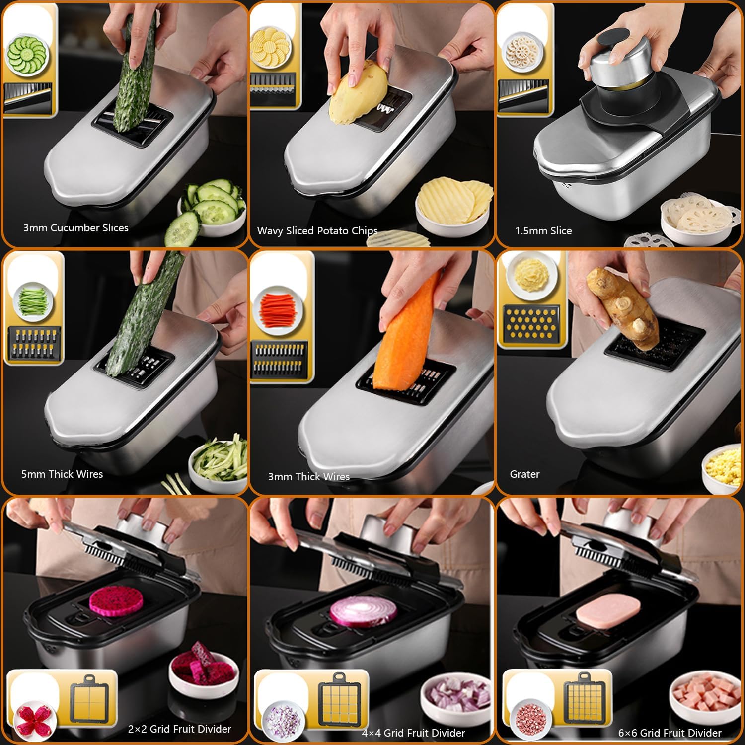 Stainless Steel Vegetable Chopper, 9 Blade Multi Veggie Chopper with Container, Food Cutter Chopper& Grater Mandoline Slicer, Kitchen Tools Gadgets, Onion Slicer, Mincer, Dicer, French Fry Cutter