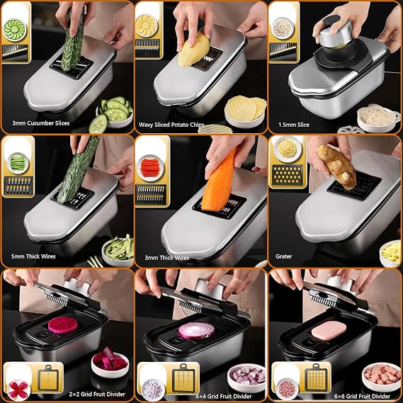 2L Kitchen Mandoline Vegetable Slicer 304 Stainless Steel, Vegetable Chopper Vegetable Cutter - Salad Chopper Veggie Onion Salad Food Chopper Ktchen Gadgets & Cheese Grater, 9-in-1 Black