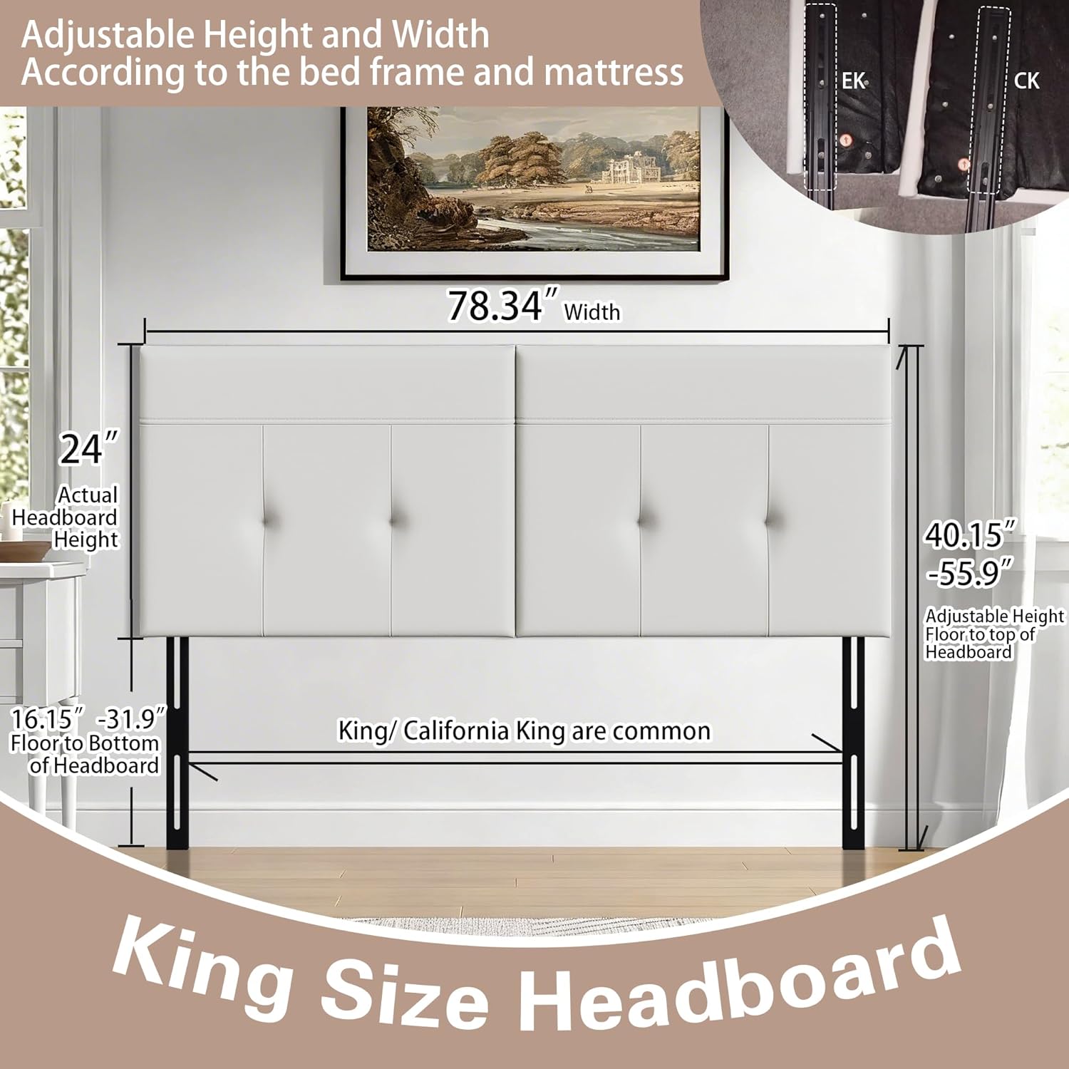 Andeworld Upholstered Tufted King Size Headboard,PU Leather Wood Head Board with Metal Legs, Adjustable Height from 42” to 56”, Bed Headboard in Modern Design,Backboard for Bed, Beige