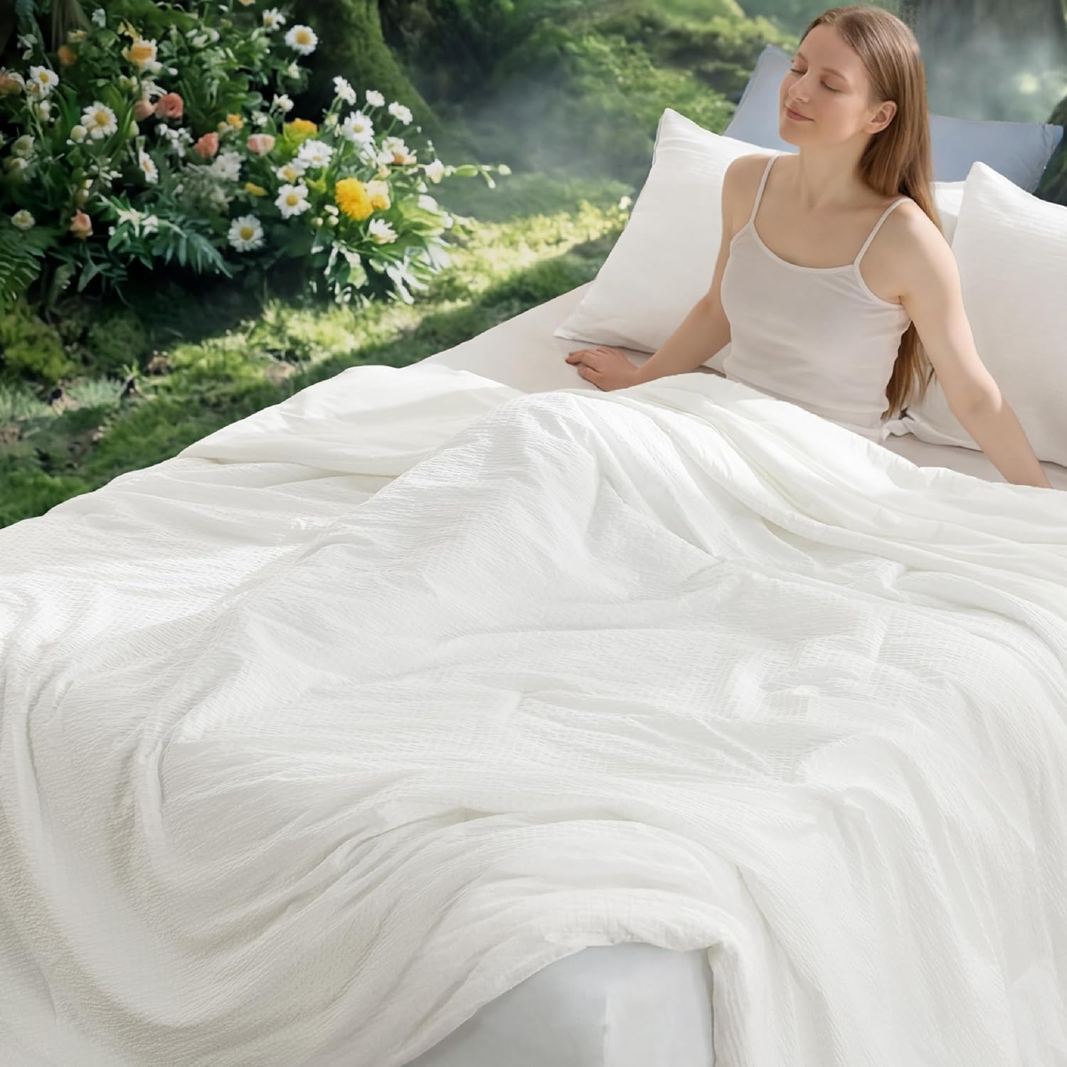 Bedsure SleepEase Cooling Comforter Queen Size for Summer, 3 Pieces White Seersucker Cooling Comforters for Hot Sleepers, Double-Sided Cool Tech Bedding Set with 1 Breathable Comforter, 2 Pillowcases