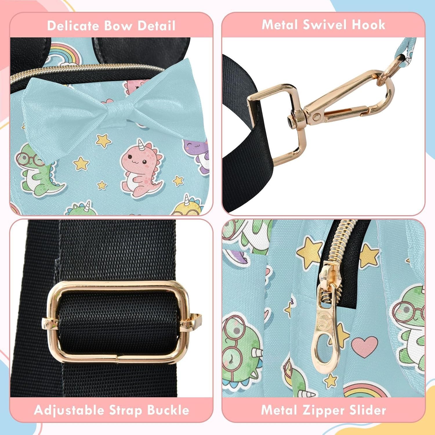 Sinestour Dinosaurs Kids Sling Bag for Girls, 5.7x3.1x7.5 Inches | Crossbody Fanny Pack, Toddler Purse, Cute Sling Belt Bag with Ears, 2L Small Shoulder Chest Bag for Travel