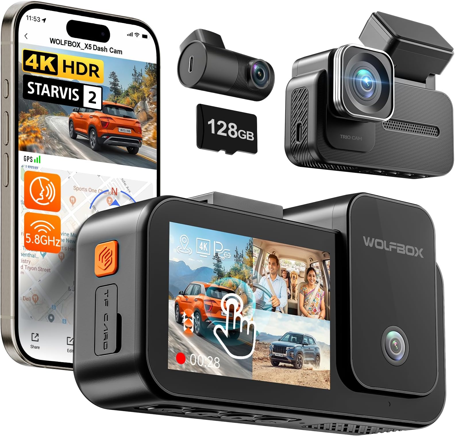 WOLFBOX X5 3 Channel Dash Cam for Car, 4K + 2.5K + 1080P Front and Rear Inside Dash Cam with 5.8GHz WiFi GPS, 8MP STARVIS 2 IMX678, HDR, 128GB Card Included, Touchscreen, Voice Control, Supports 512GB