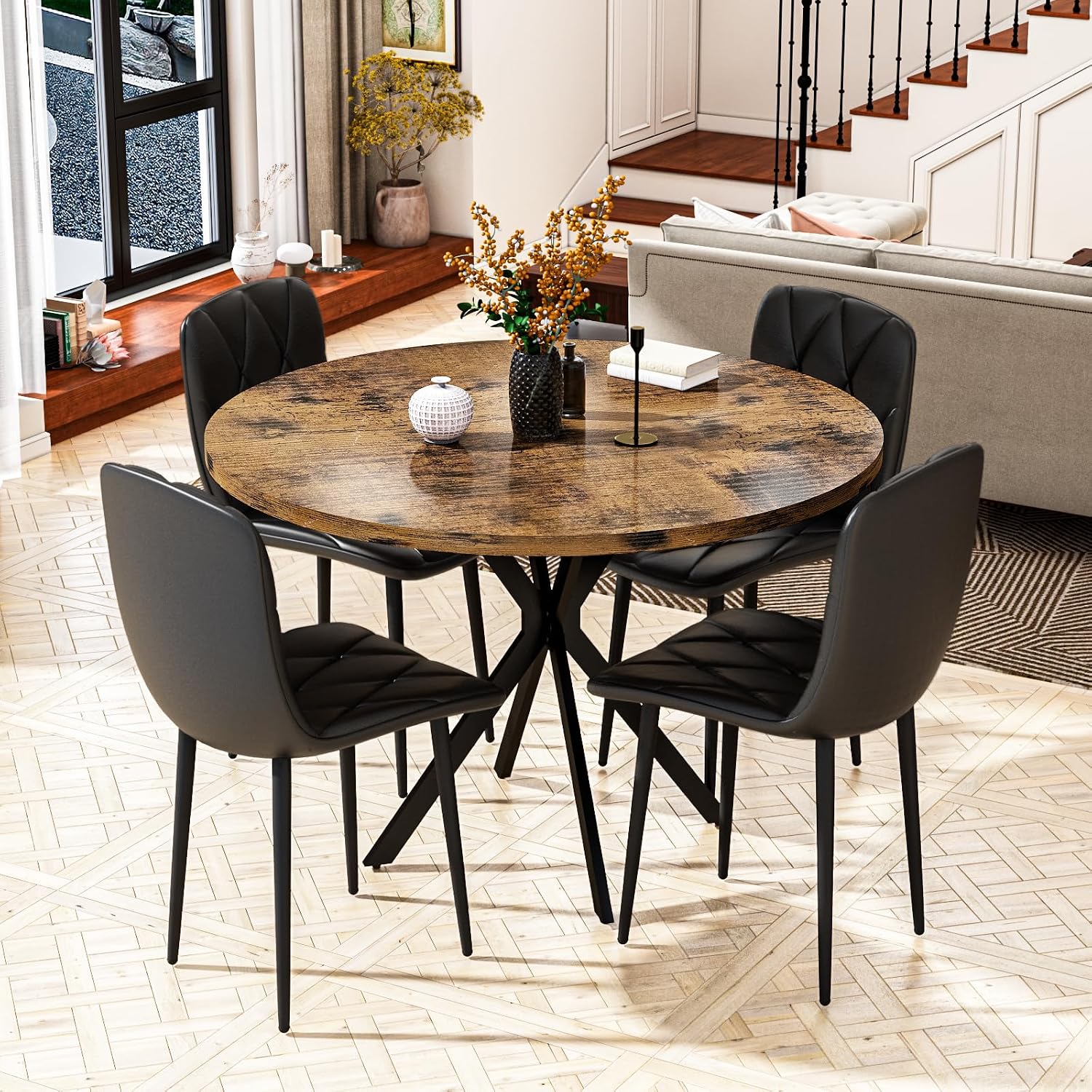 DKLGG Round Dining Table Set for 4, 39" Faux Marble Dinner Table with PU Leather Upholstered Chairs, Modern Compact Round Table Set for Dining Room, Kitchen, Apartment