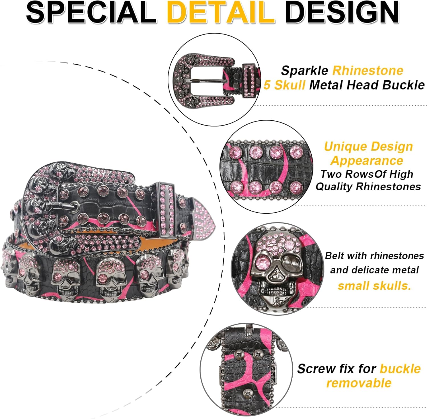 Rhinestone Skull Belt Skull Studded Belt Men Women Bling Punk Belts Y2k Rhinestone Western Cowgirl Belts - Image 2