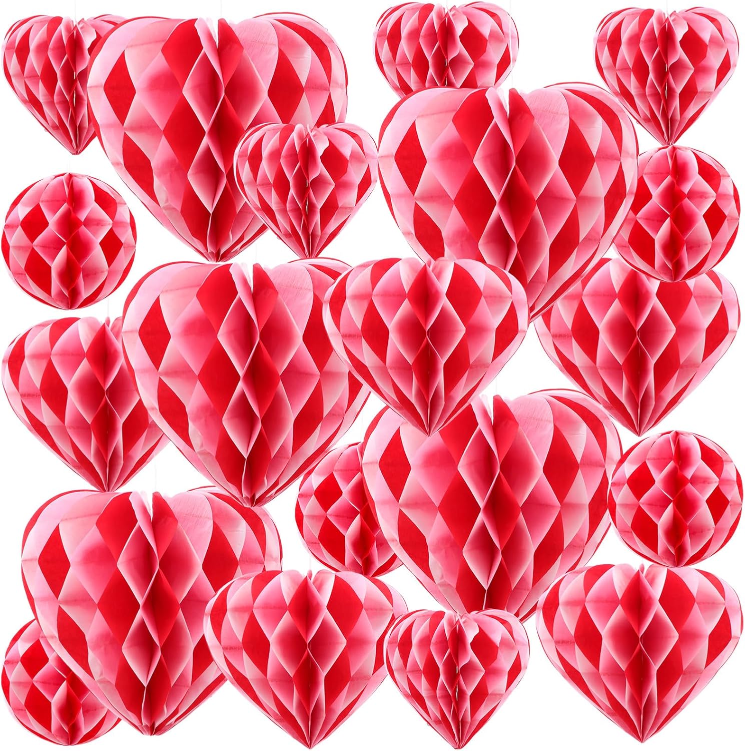 Yexiya 32 Pieces Honeycomb Balls Valentines Pom Poms Red Paper Honeycomb Ball Decorations Hearts Tissue Paper for Wedding, Valentine's Day, Engagement, Bridal Shower(Red, Light Pink)