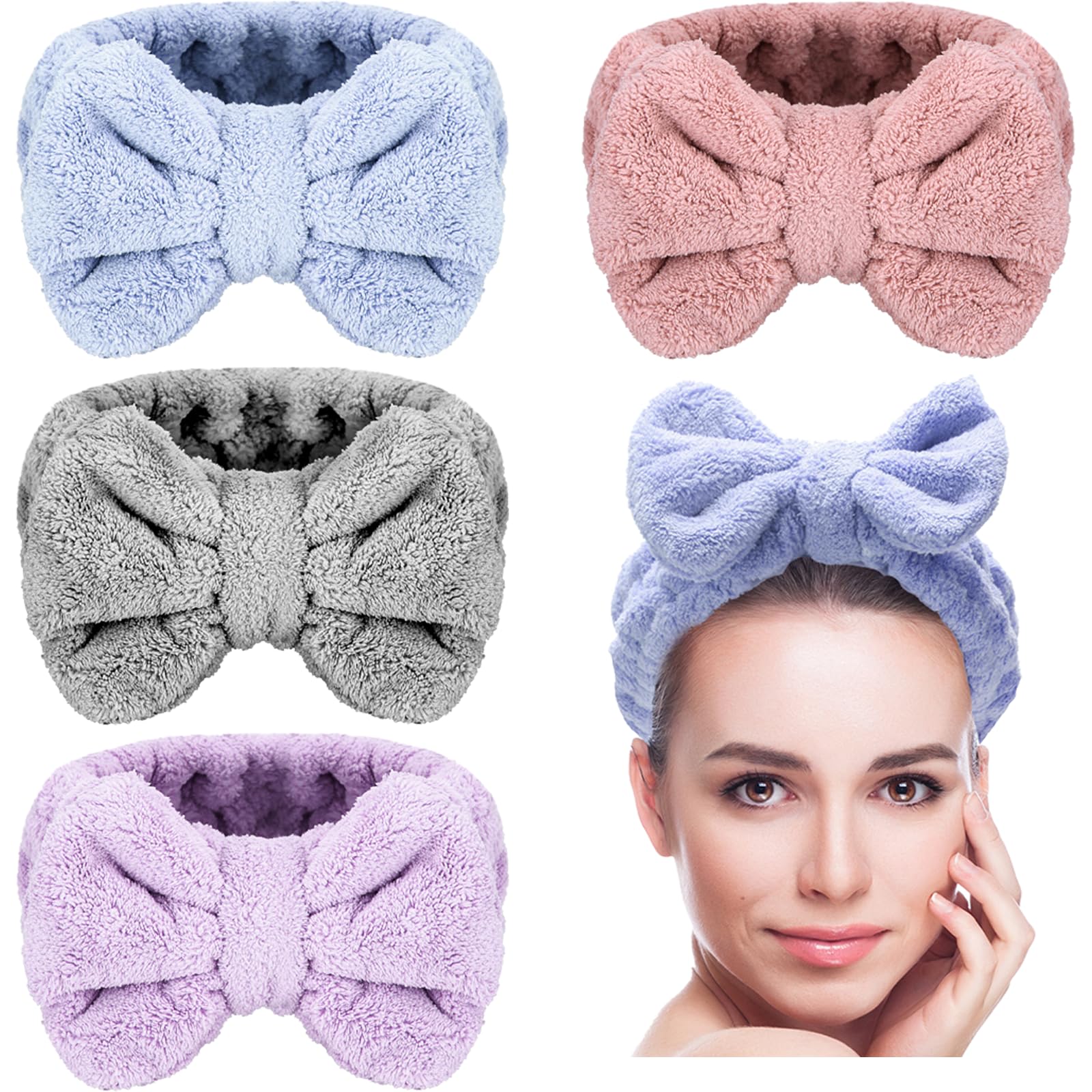 Senkary 4 Pack Makeup Spa Headband Microfiber Bow Towel Soft Fluffy Washing Face Headband for Women Girls Shower Bath Skincare (Pink, Light Blue,