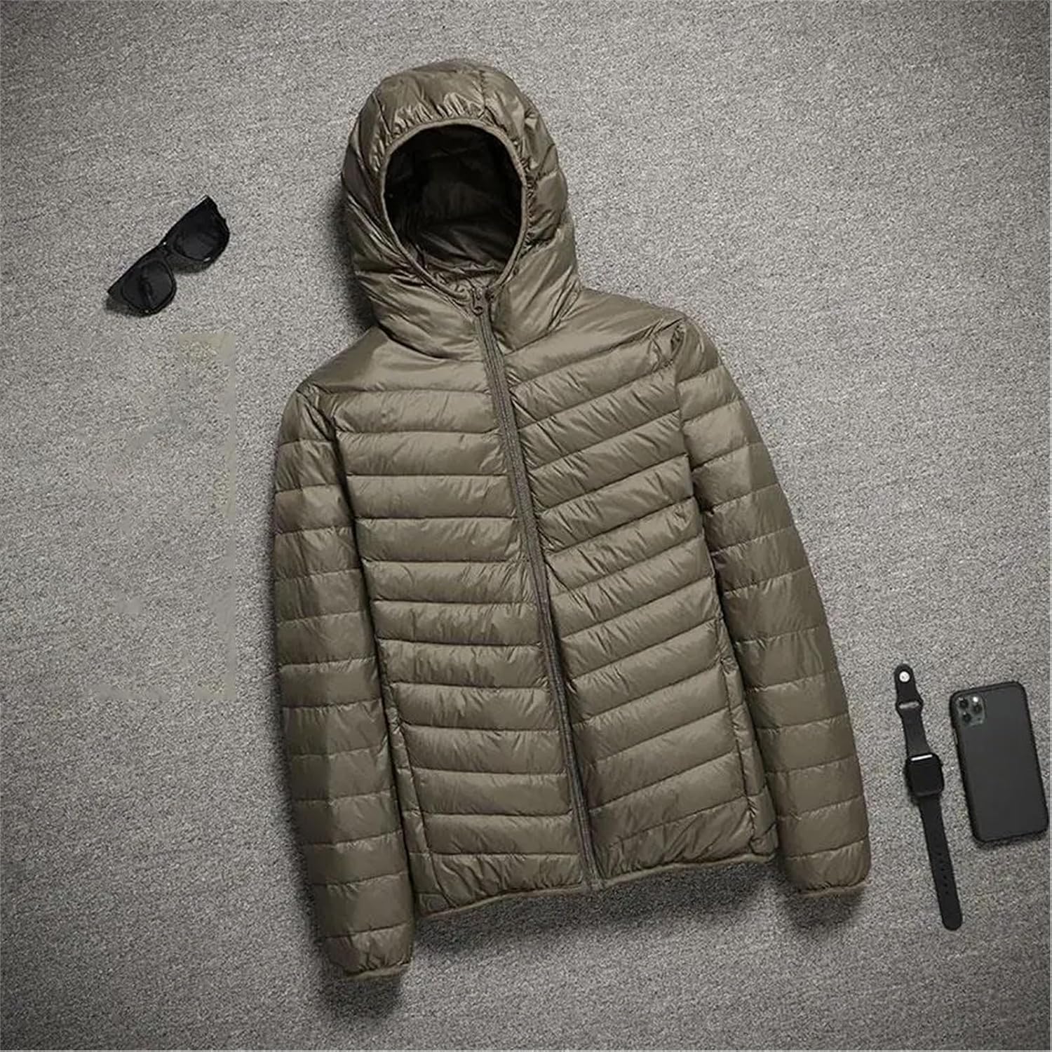 Men's Solid Color Zipper Down Jacket Fashion Hoodie Light Warm Loose Sports Running Coat