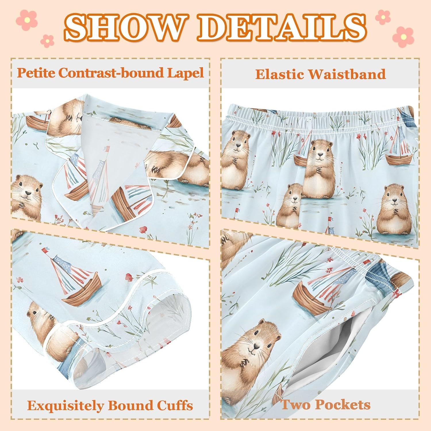 Kids Casual Satin Wear Set Watercolor Boat Groundhog Pattern Unisex Relaxed Fit Clothing