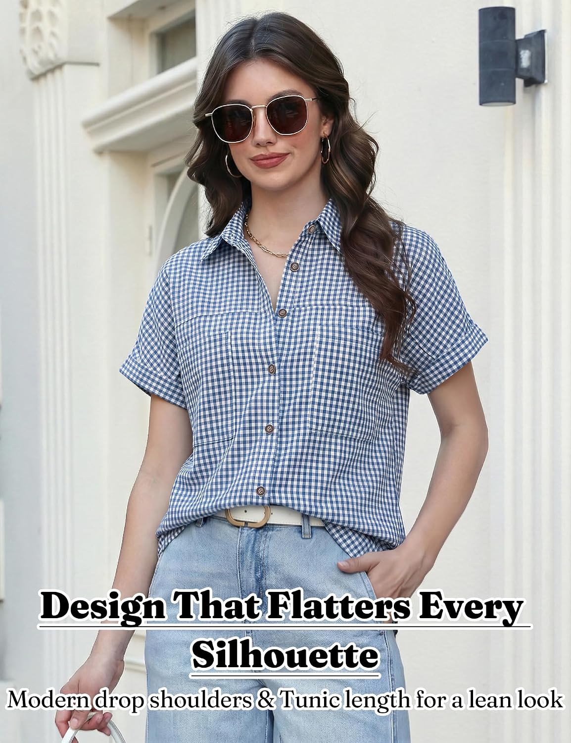 Button Down Shirt for Women Short Sleeve Blouses Dressy Casual Business Work Summer Vacation Tops Hawaii Shirts with Pockets