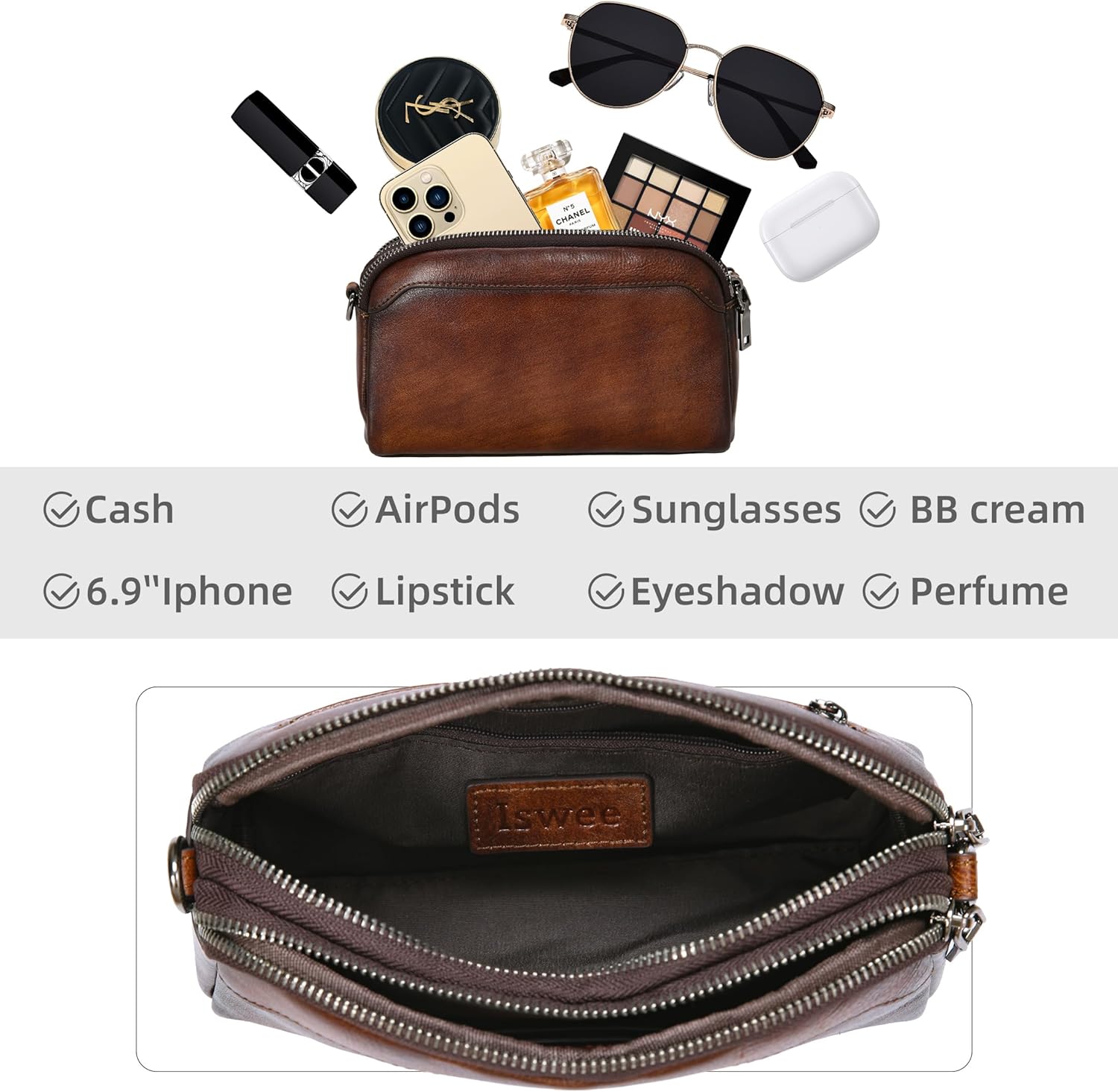 Iswee Leather Purses for Women Small Cossbody Bags Multi Pockets Shoulder Purse Vintage Satchel Bag Daily Travel Purses - Image 6