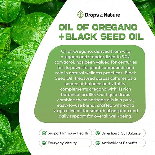 Miniatura 5 de Aceite de orégano con gotas líquidas de aceite de semilla negra - Orégano silvestre (90% Carvacrol) y aceite de semilla de grosella negra - Vegano,