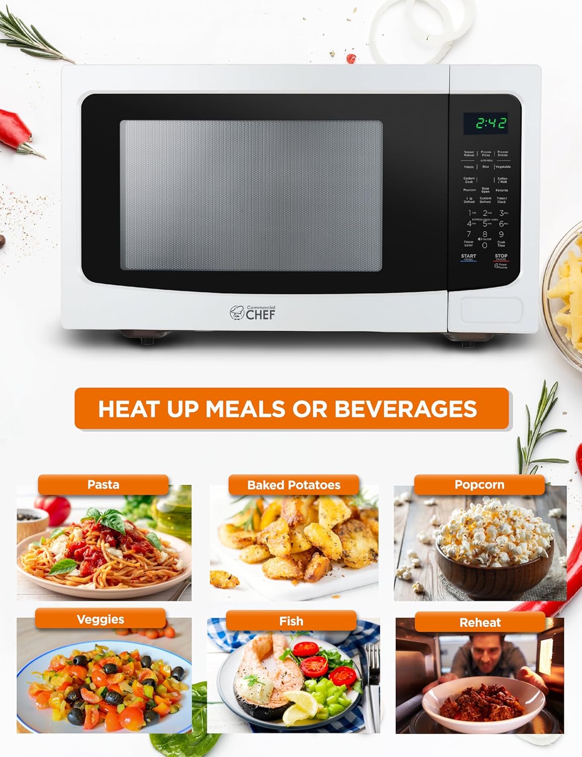 Commercial Chef 1.6 Cubic Foot Microwave with 10 Power Levels, Small Microwave with Push Button Child Safety Lock, 1100 Watt Microwave with Digital Control Panels, Countertop Microwave & Timer, White