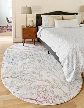Unique Loom Blossom Collection Area Rug - Yoshino 4 1" x 6 1" Oval, Ivory/ Gray
