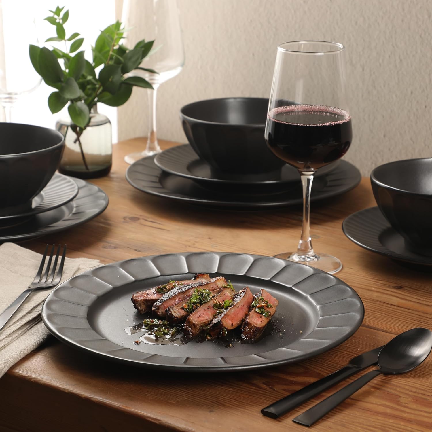 Gibson Elite Winchester Way 12-Piece Embossed Stoneware Dinnerware Set – Reactive Matte Glaze, Durable Lightweight-Tech Plates & Bowls, Everyday Dish Set, Microwave & Dishwasher Safe – Black - Image 4