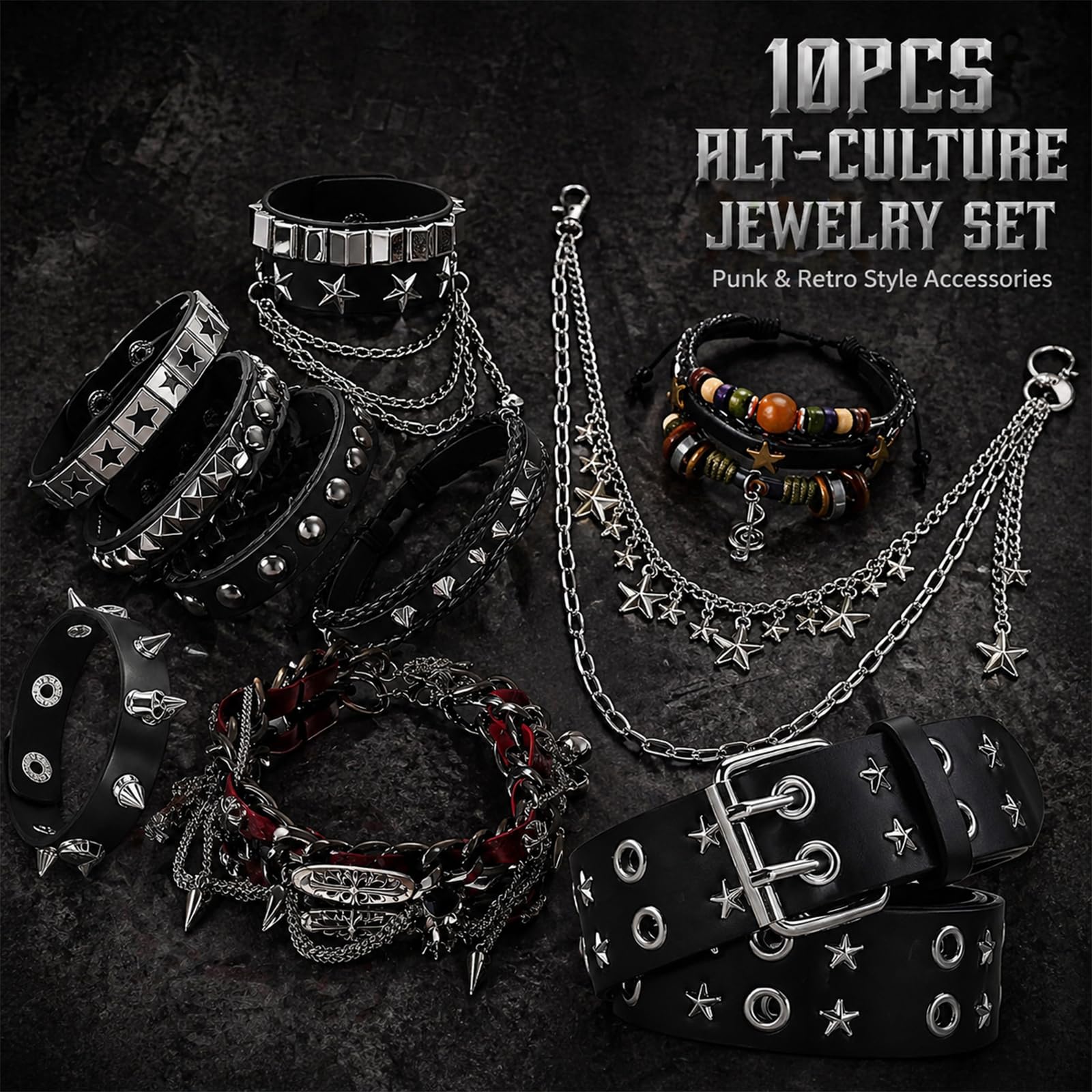 Juego de 10 accesorios unisex Y2K que incluye cinturón con estampado de estrellas, juego de pulseras de 7 piezas, gargantilla gótica negra y cadena de cintura de metal, cuero negro, moda