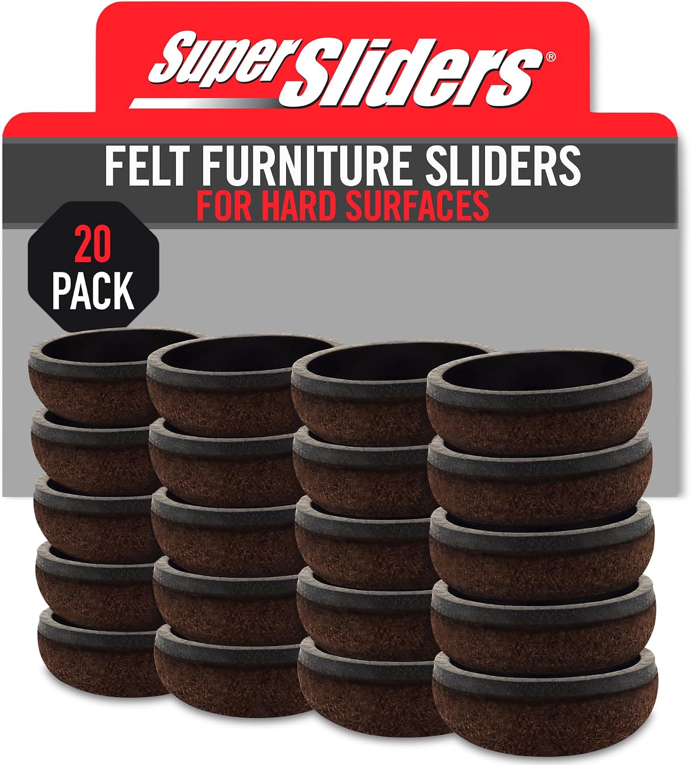 Super Sliders 1" Round Formed Secure Reusable Felt Furniture Sliders for Hard Surfaces, Noise-Reducing Adhesive Furniture Moving Pads, Fits 1" Legs, Set of 20, Brown