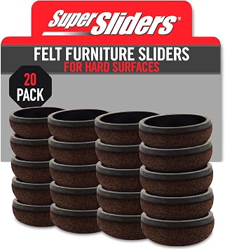 Super Sliders 1" Round Formed Secure Reusable Felt Furniture Sliders for Hard Surfaces, Noise-Reducing Adhesive Furniture Moving Pads, Fits 1" Legs, Set of 20, Brown