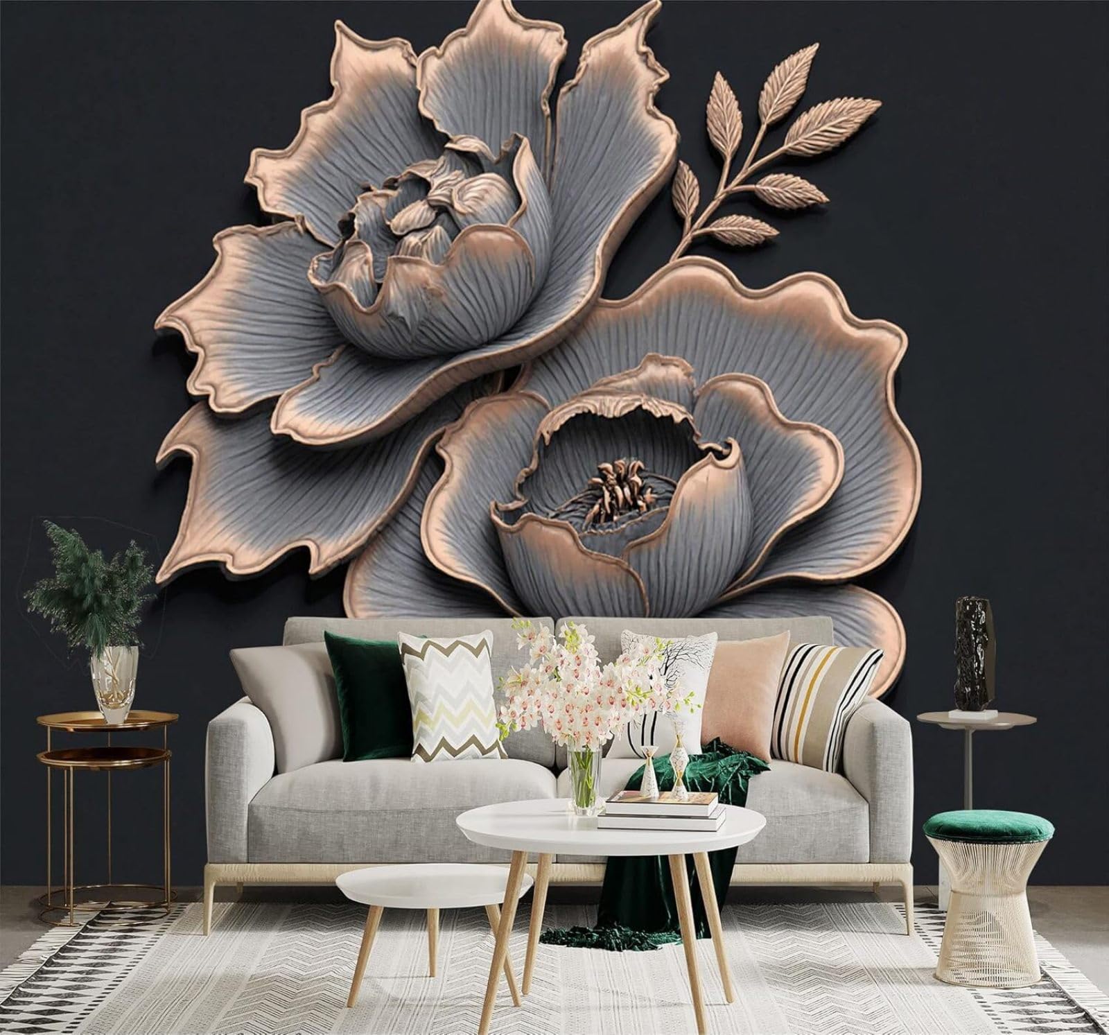 XLMING Vintage Metallic Peony Golden Petals Dark Background 3D Wallpaper Silky Texture Home Study Office Grey Dining Room Sofa Bedroom Living Room TV Backdrop-200cm×140cm