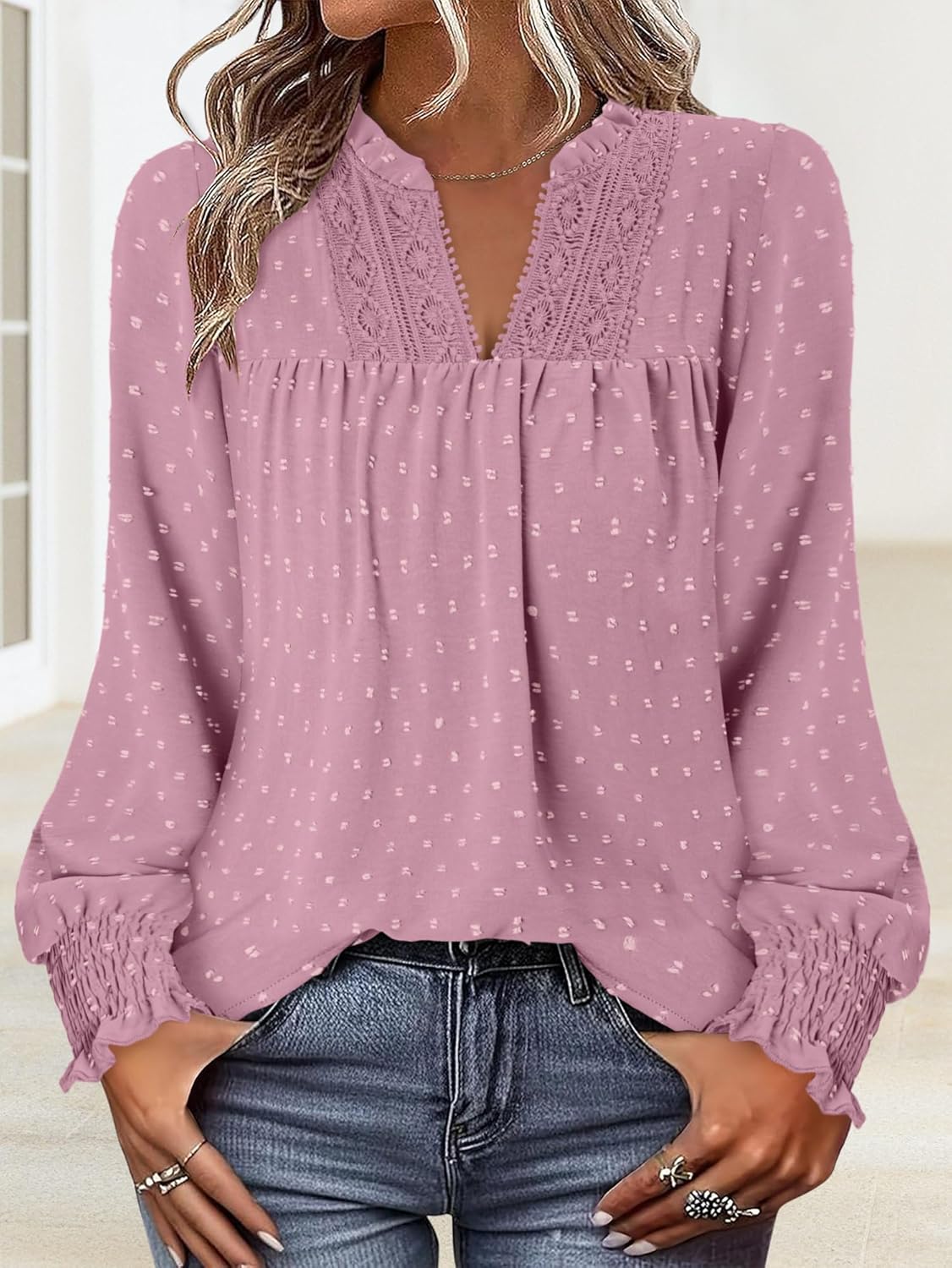 BETTE BOUTIK Women Boho Long Sleeve Shirts Dressy Casual V Neck Fall Fashion Tops Swiss Dot Flowy Blouses - Image 3