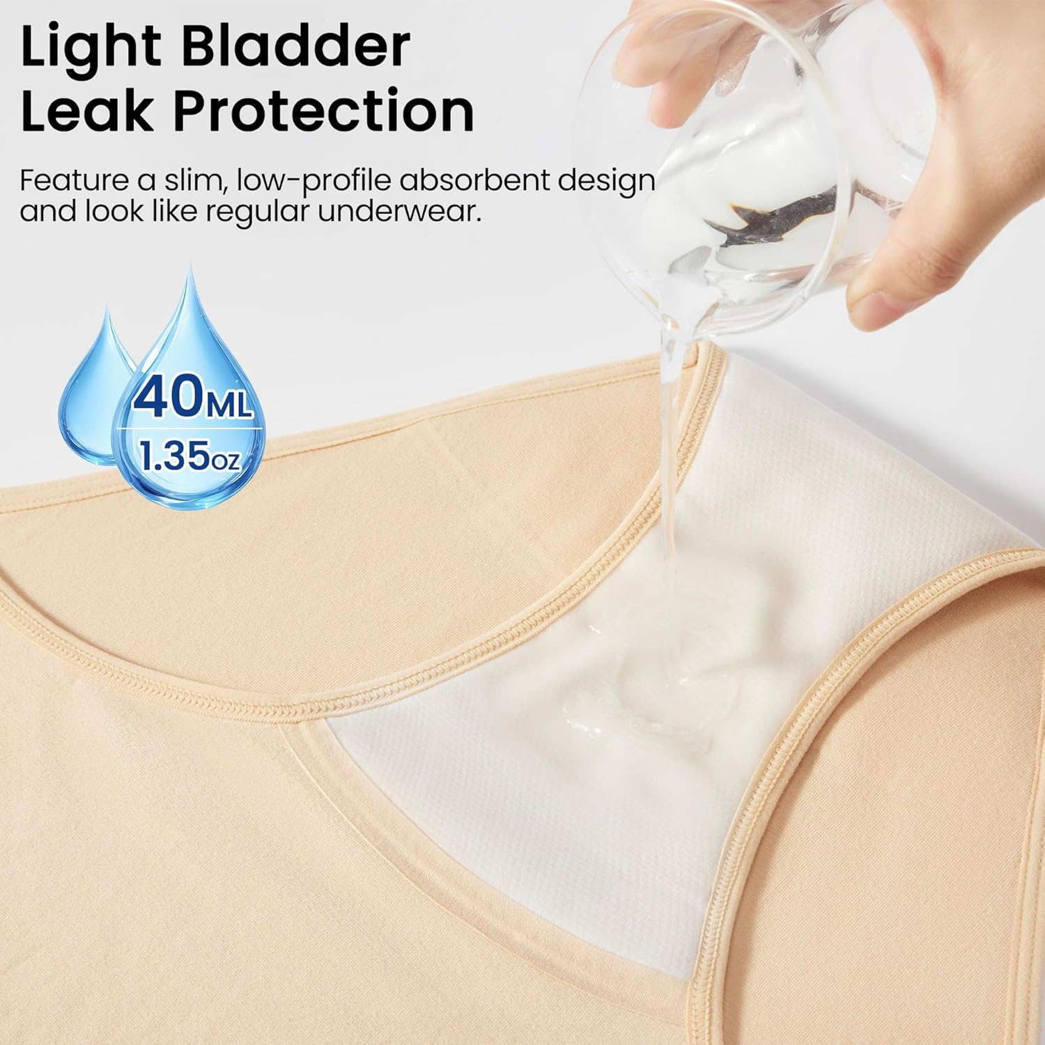 BATTEWA Mid-Waist Incontinence Underwear for Women Leak Proof Panties Protective Briefs for Bladder Control Washable Absorbency 40ML, 3Pack (Medium,Beige) - Image 2
