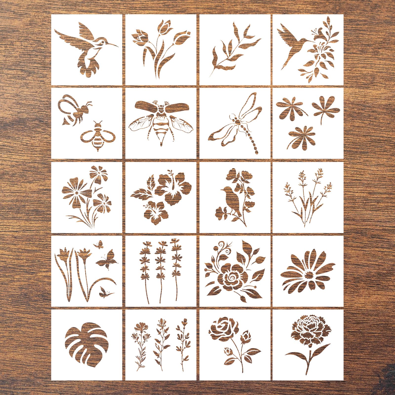 20pcs Flower and Animal Stencils, Reusable Botanical Floral Animal Theme Templates for Wood Fence Walls DIY Crafts T-Shirts Canvas Tiles & Floor Decor